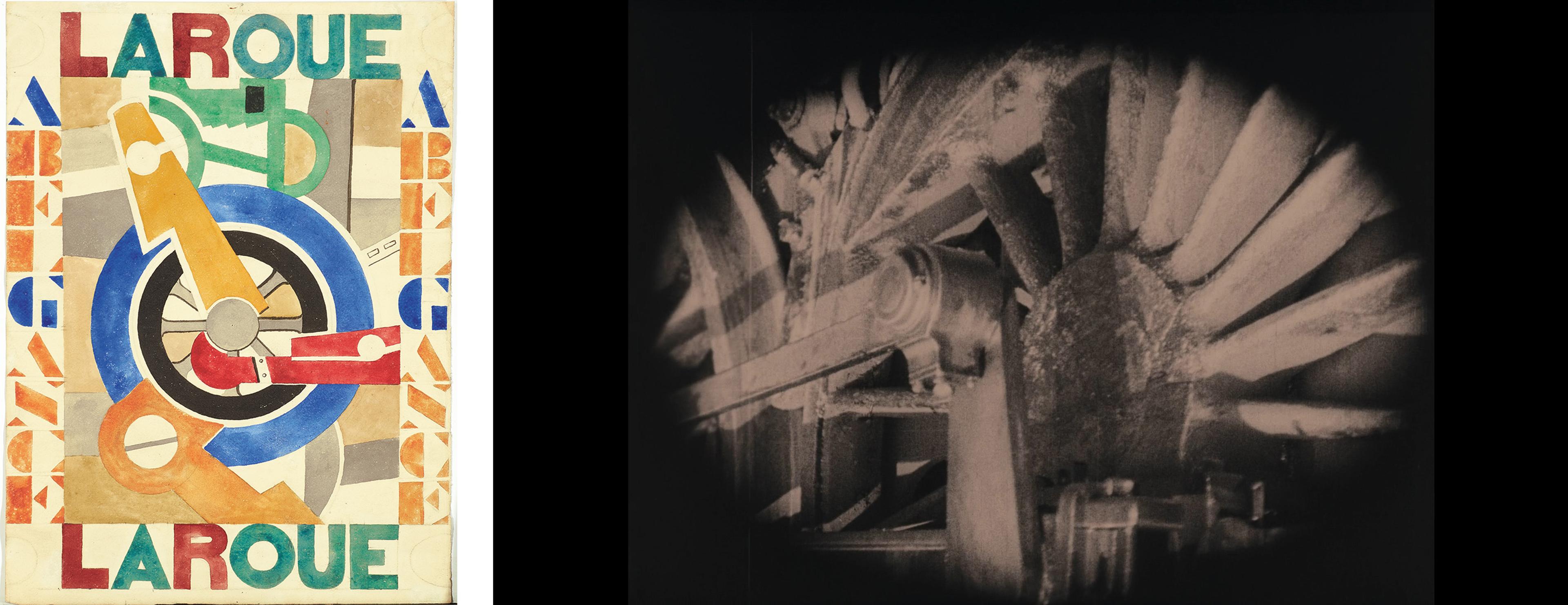 Image on left - Fernand Léger, La Roue (Projet d'affiche pour La Roue D'Abel Gance), 1920, Image on right - Film still from La Roue of wheels in motion, around 4 minutes in