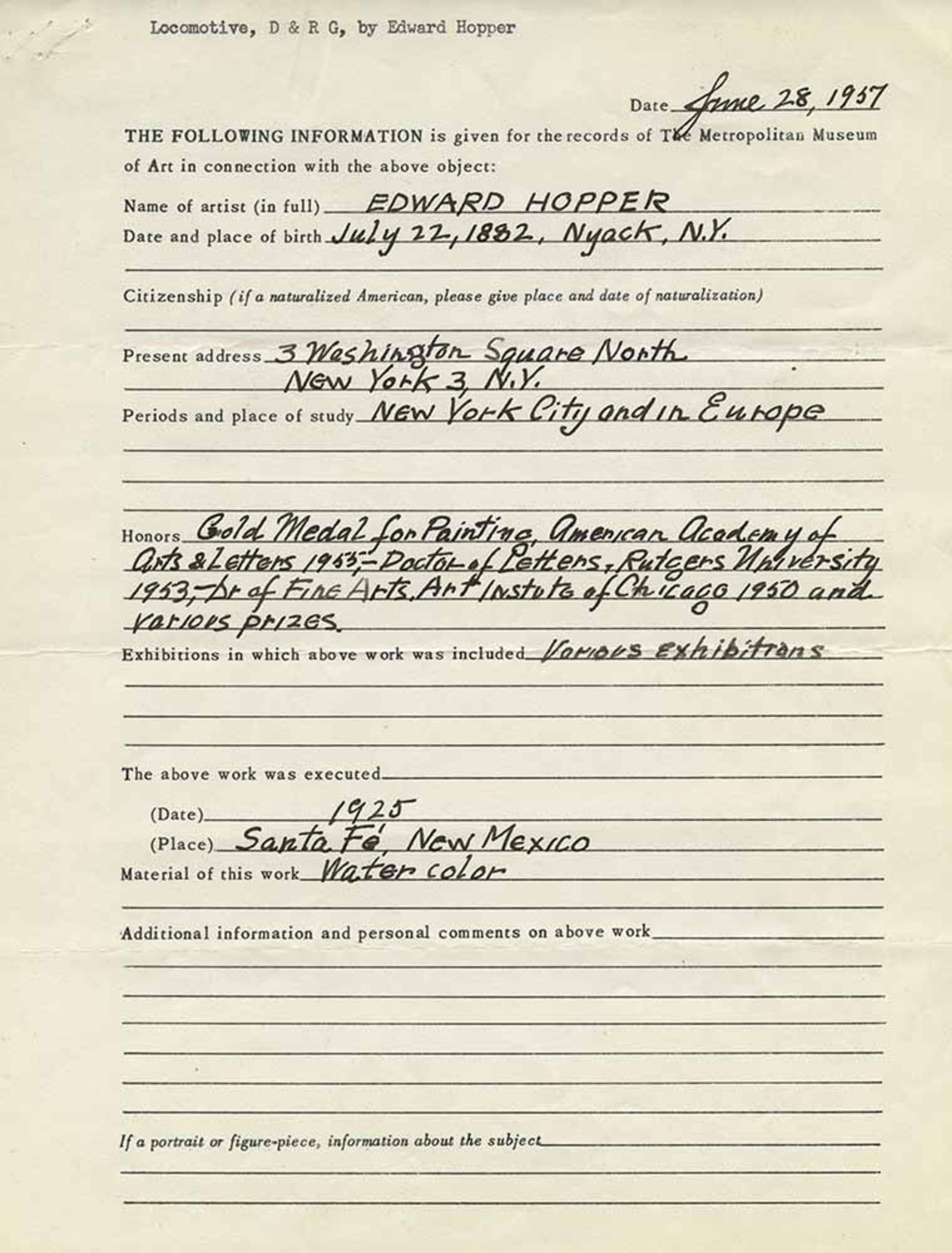 An intake form filled out by artist Edward Hopper