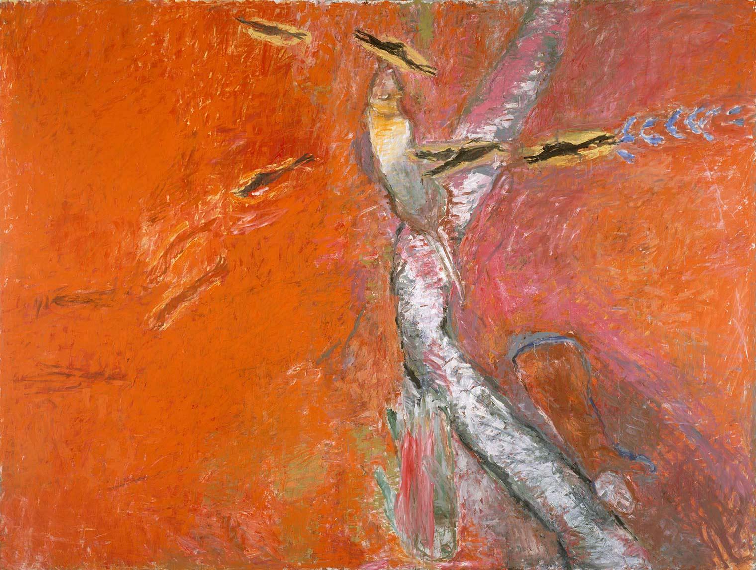 An abstract painting with a textured orange background, a central pale vertical form, and dark bird-like shapes creating a sense of motion and energy.