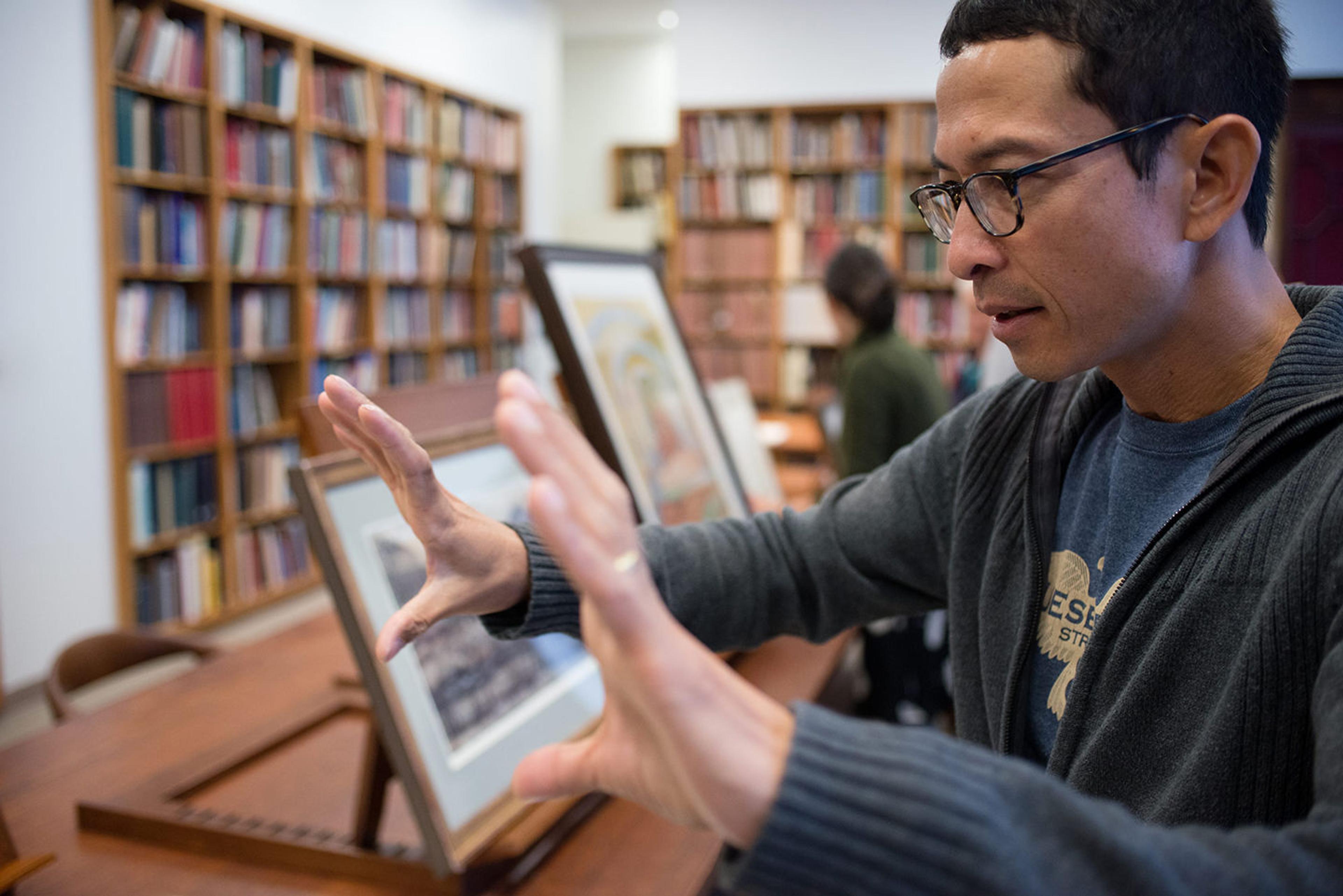 The artist Sopheap Pich, shown in the Study Room for Drawings and Prints, discusses the drawings of Vincent van Gogh