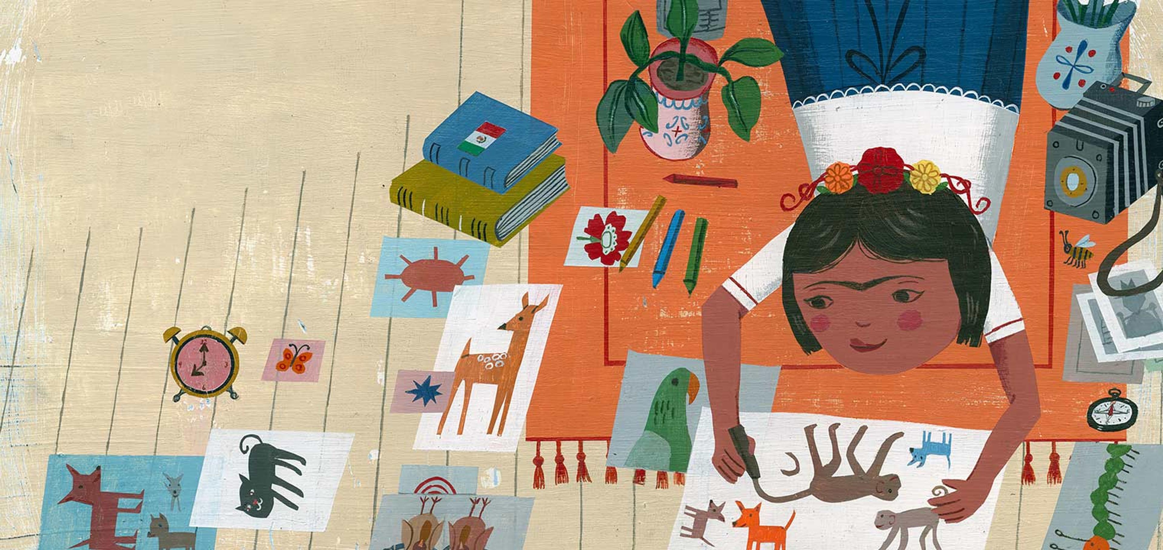 A stylized, vibrantly colored drawing of a young girl lying on an orange rug over a wooden floor in a white shirt and blue skirt--clearly Frida Kahlo from her unibrow--drawing pictures of various animals like monkeys and dogs on a sheet of paper. Other drawings of animals litter the floor, and she is also surrounded by plants, flowers, a camera, a pile of books, and an alarm clock.