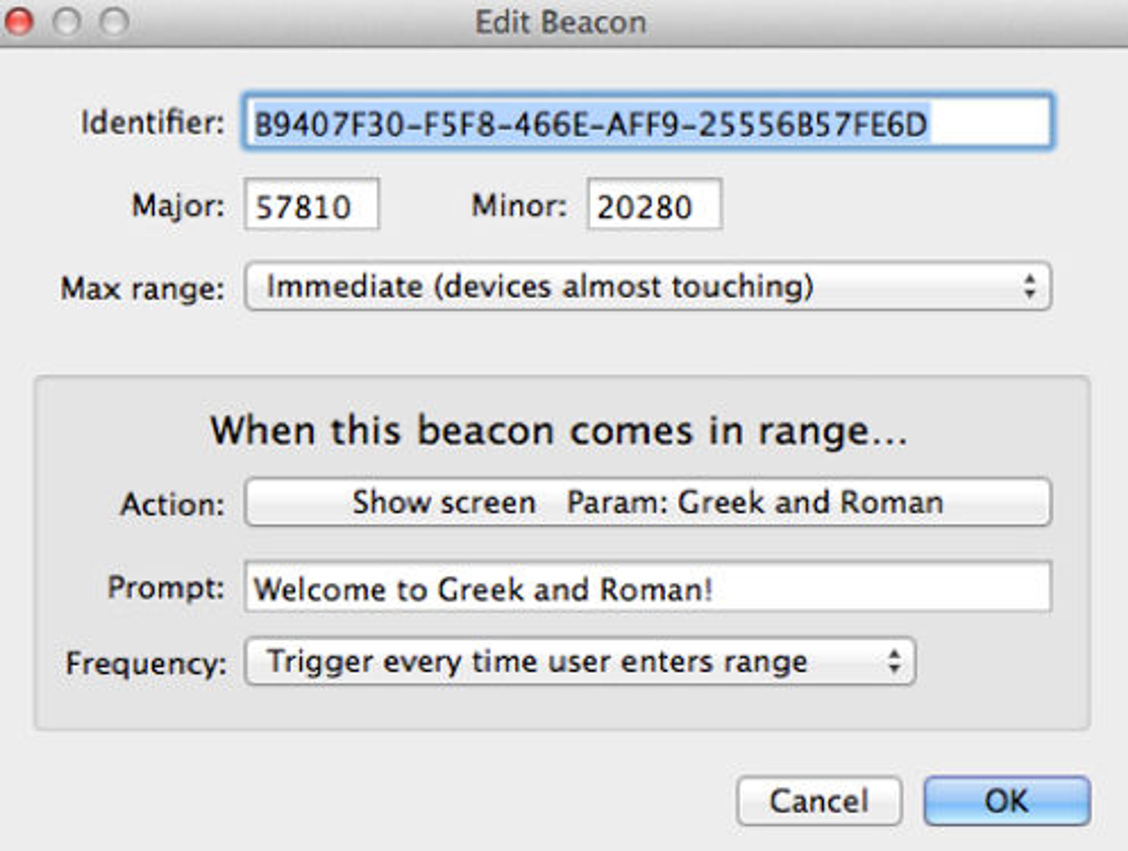 Fig. 7. Beacon editing screen in Beacondo. The interface allows to add new beacons, specify the desired range of contact (immediate, near, far), and specify a welcome message that prompts the user to access the content.