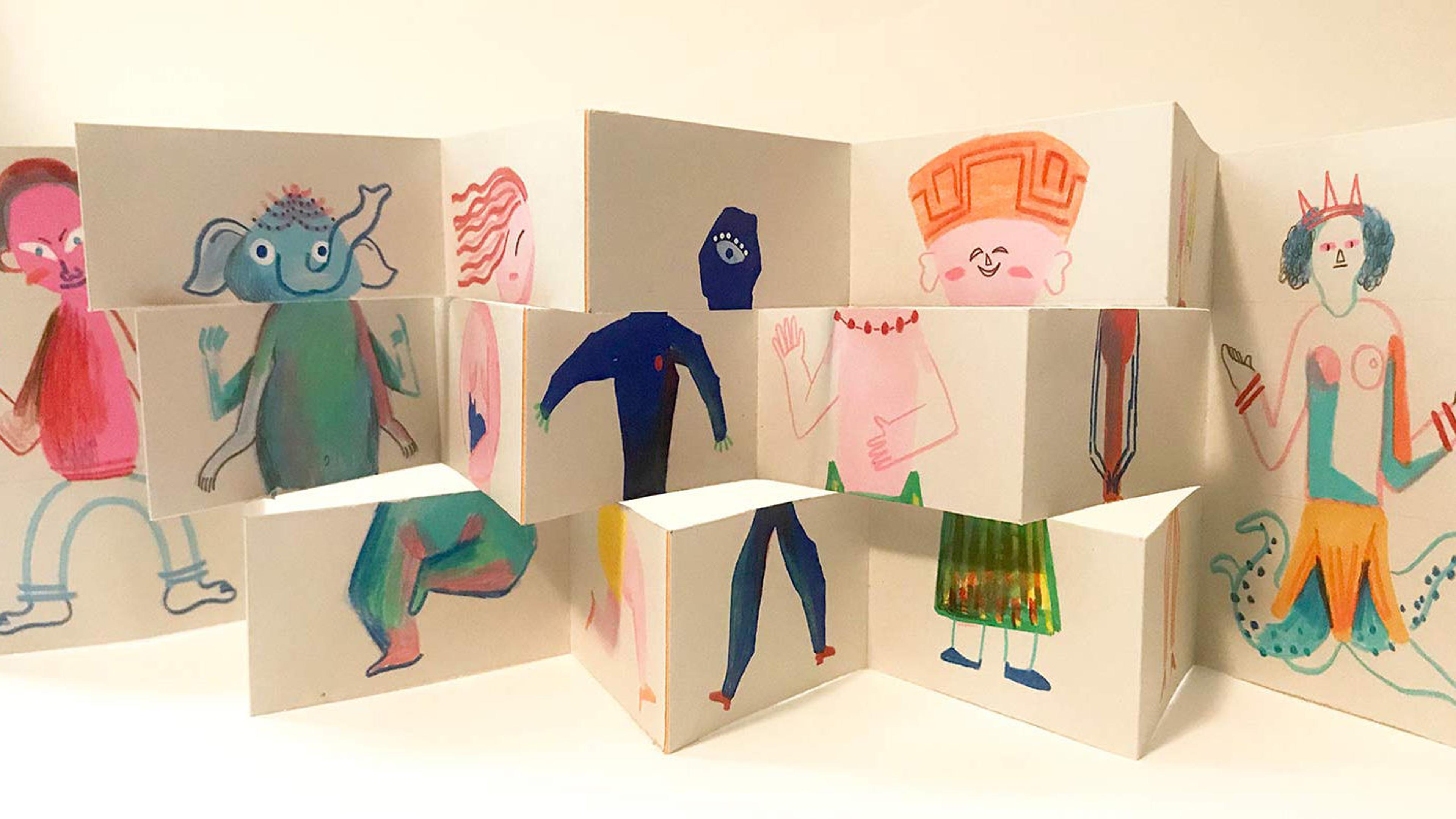 An unfolded accordion book featuring characters inspired by objects from the #MetKids Map
