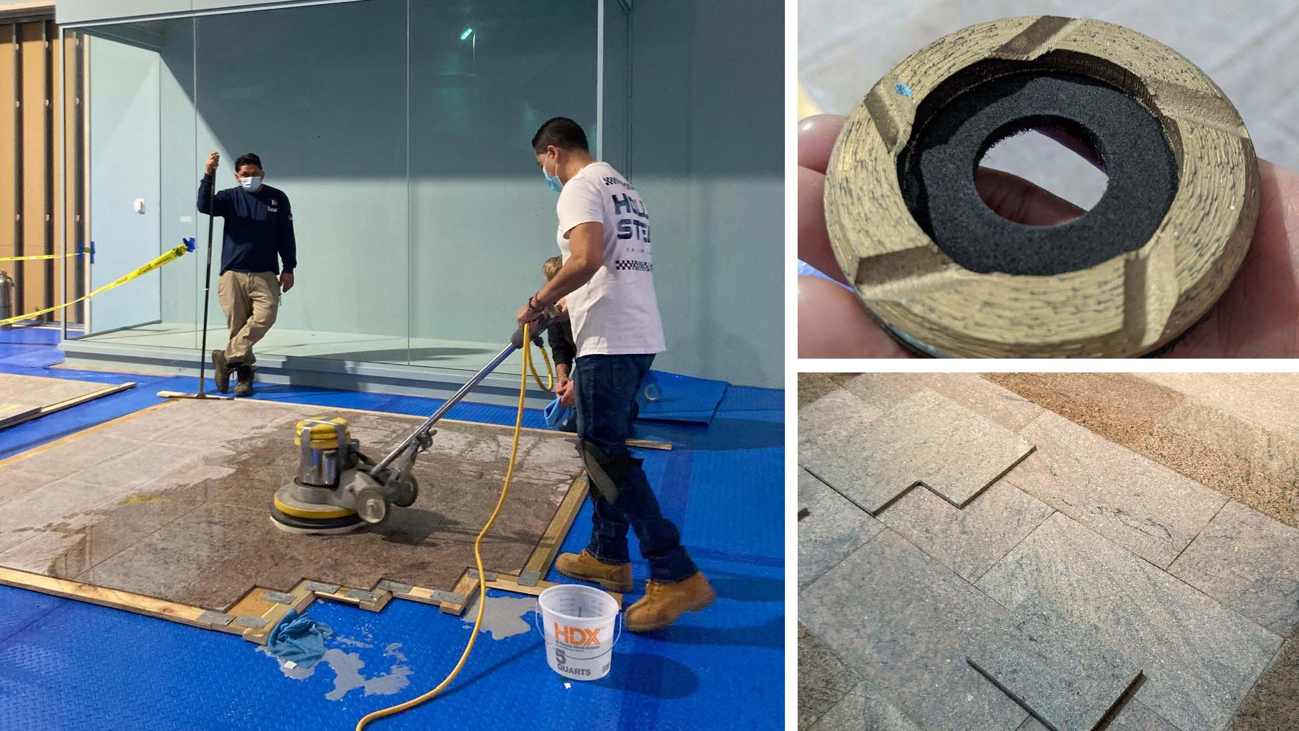 Collage of three photographs; left: two people in a room in construction; right: two photos of construction details.