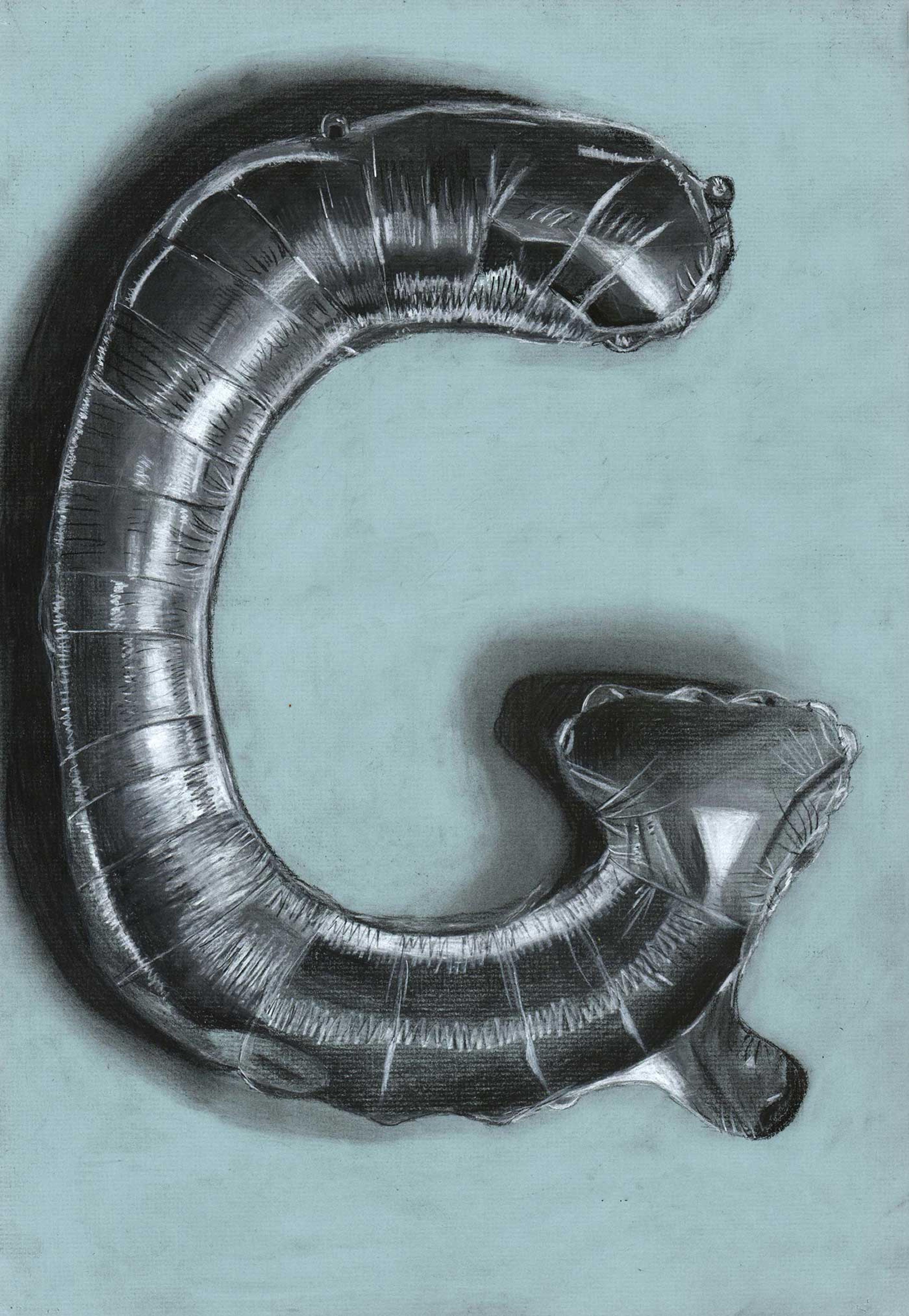 Realistic charcoal drawing of a letter G balloon.
