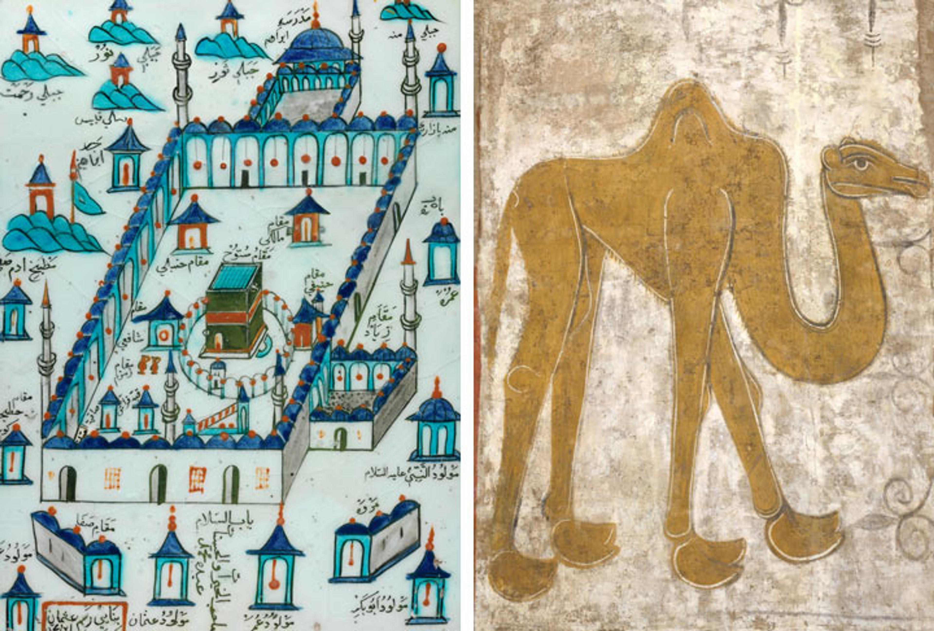 Left: A stone tile depicting the holy site of Mecca. Right: a 12th-century fresco painting of a camel
