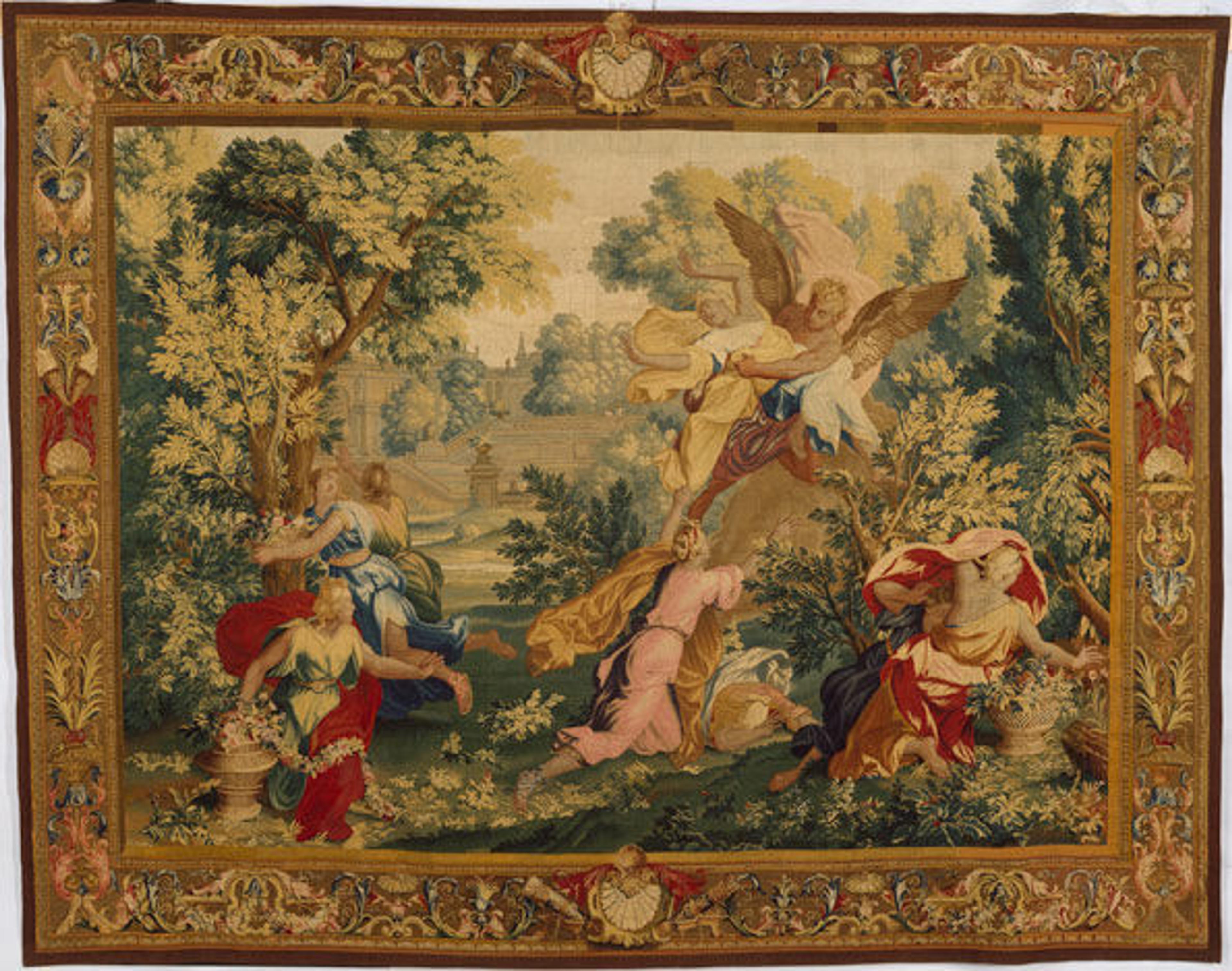 A woven tapestry showing a scenes from the Roman poet Ovid’s Metamorphoses.