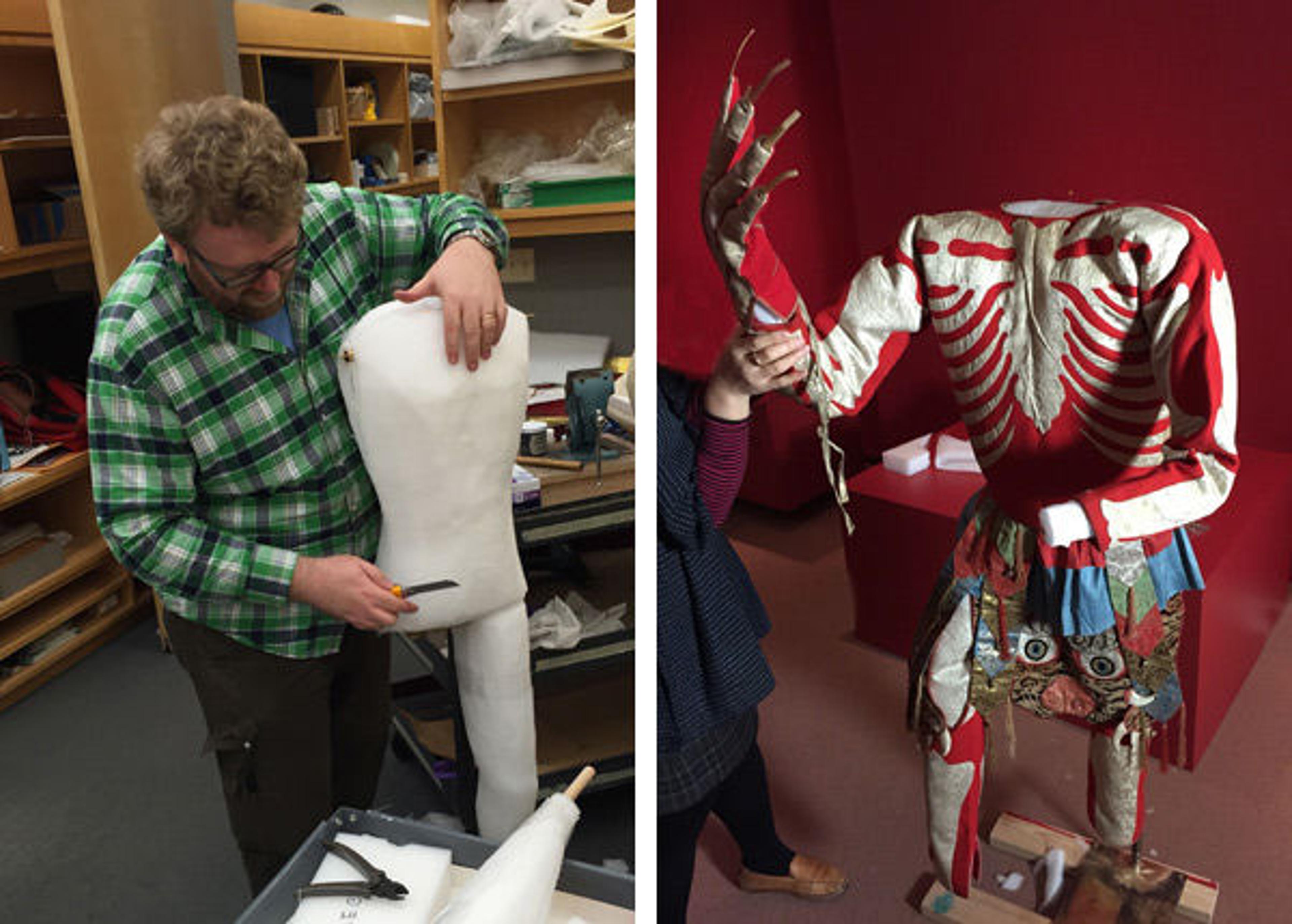 Left: Matthew sculpts the ethafoam so that it approximates the shape of the dancer's body. Right: The costume is installed on the mannequin mount prior to display. Photos courtesy of Matthew Cumbie