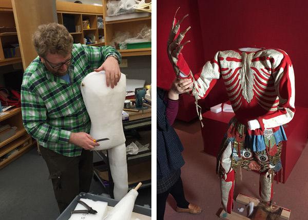 Left: Matthew sculpts the ethafoam so that it approximates the shape of the dancer's body. Right: The costume is installed on the mannequin mount prior to display. Photos courtesy of Matthew Cumbie
