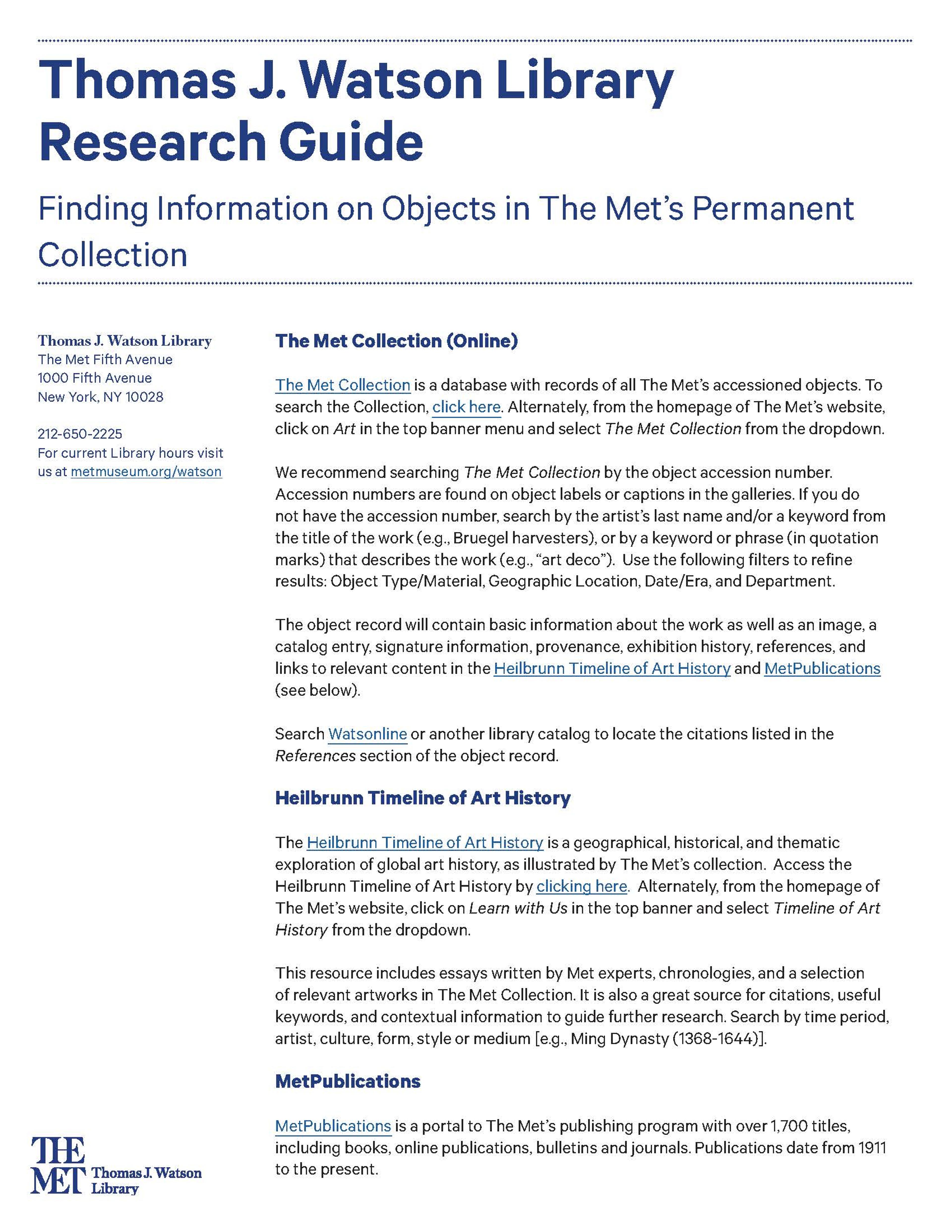 PDF of Thomas J. Watson Library Research Guide Finding Information on Objects in The Met's Permanent Collection