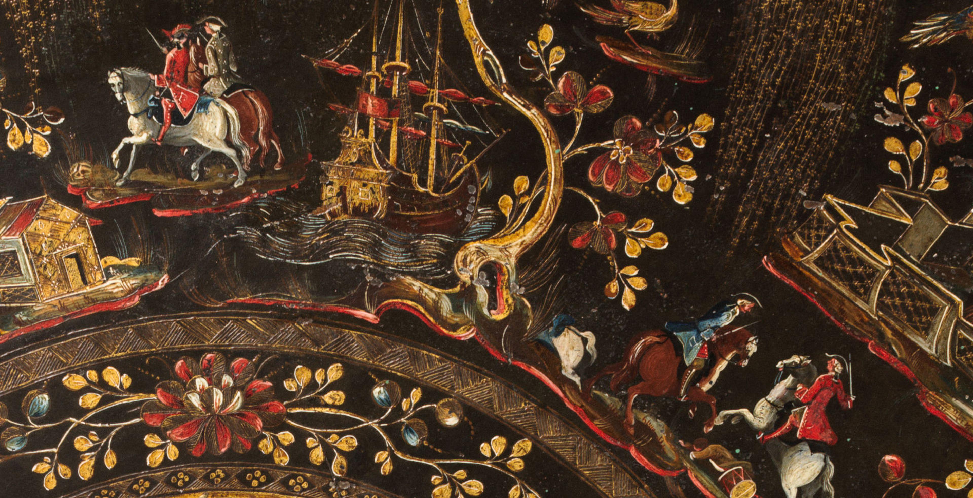 Detail of lacquered tray with scenes from Virgil’s Aeneid. The section depicts figures fighting on horseback, ships at sea, and ornate floral motifs.