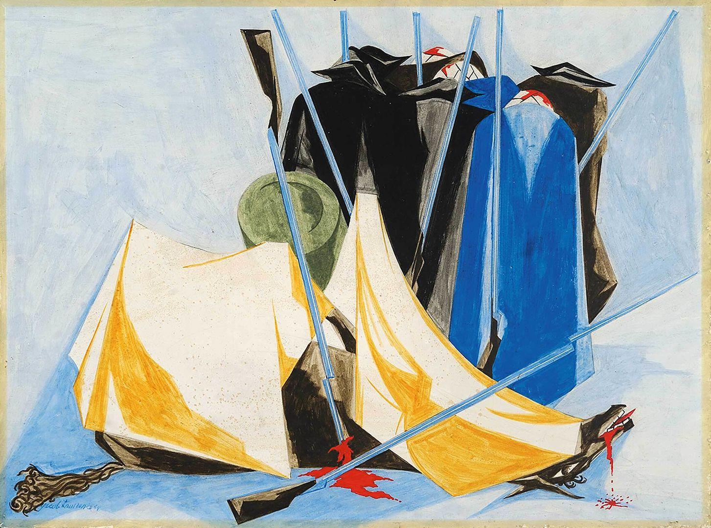 A painting of a group of soldiers standing by a wounded horse