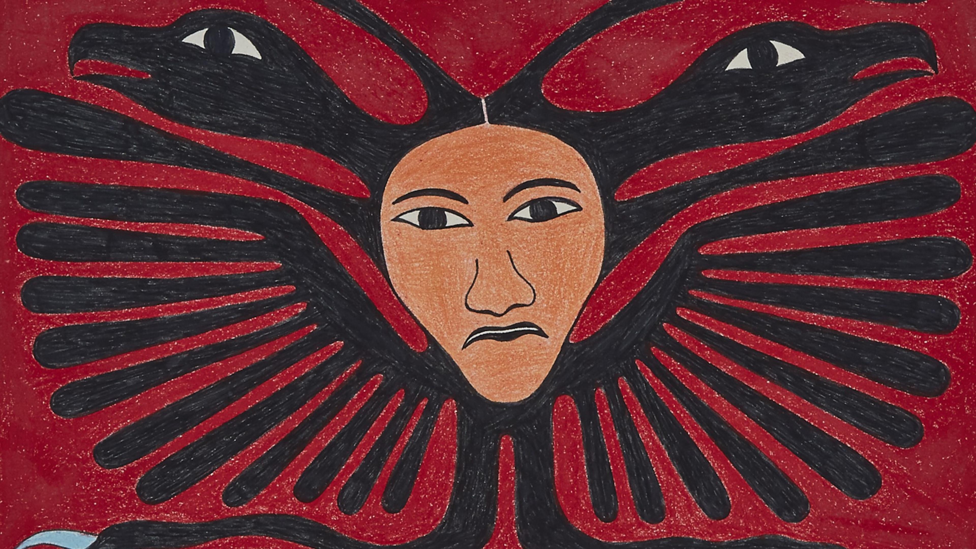 A woman's face with wings, feet, and the profile of two birds emerging from the center