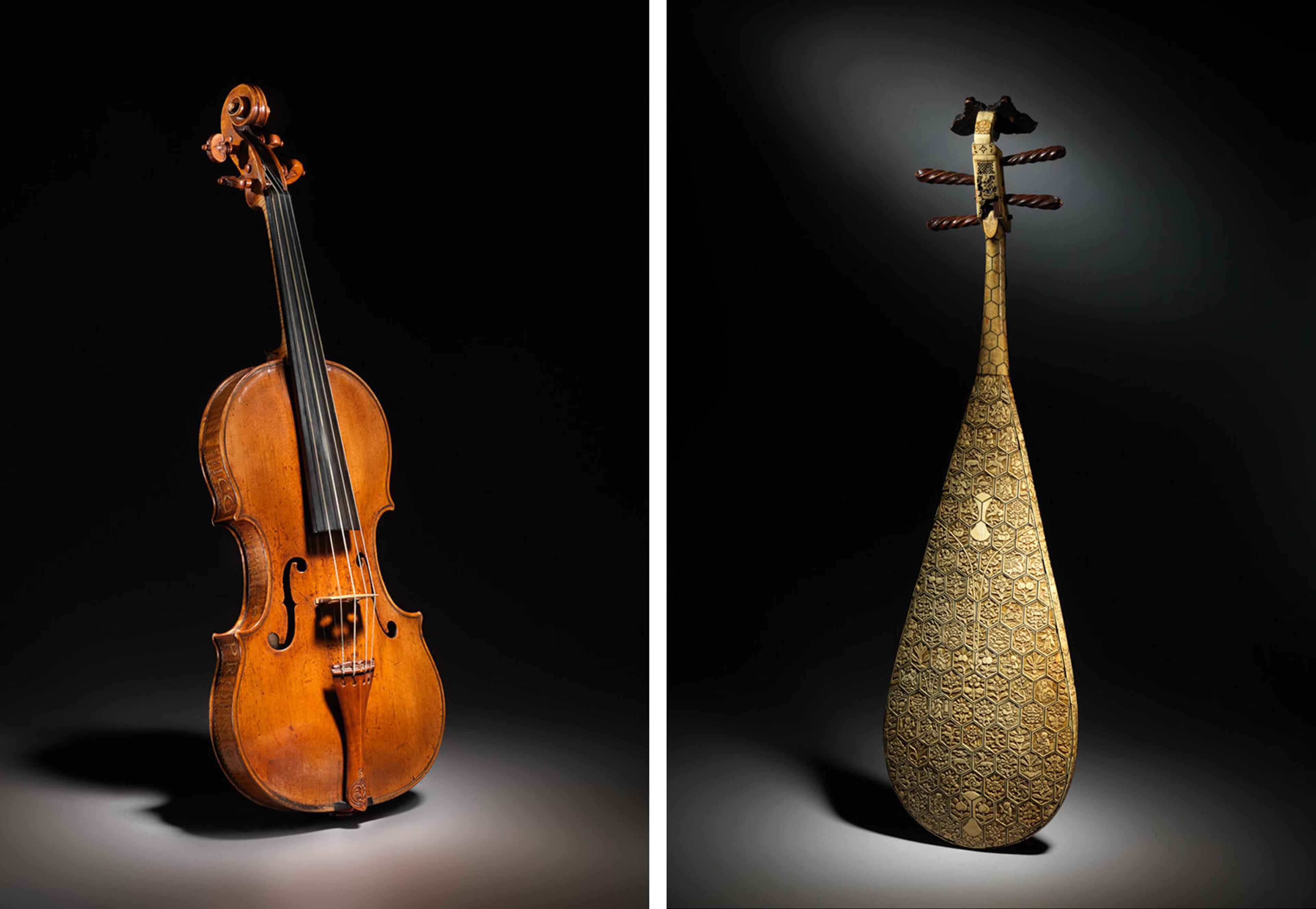 Left: Andrea Amati's "Kurtz" violin, ca. 1560. Right: a Chinese Pipa (琵琶), late 16th–early 17th century