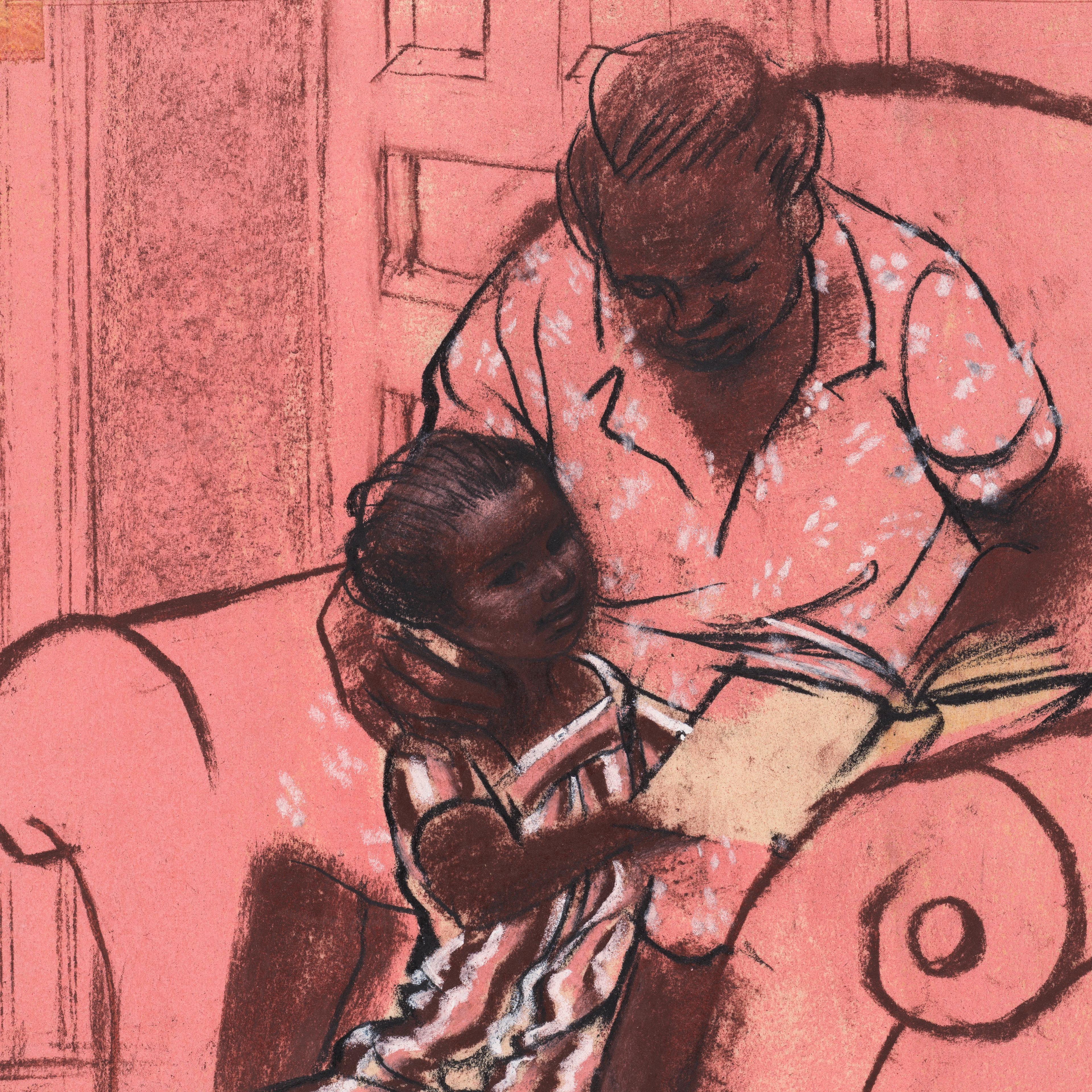 A warm pastel sketch depicts a woman and a child reading a book on an armchair.