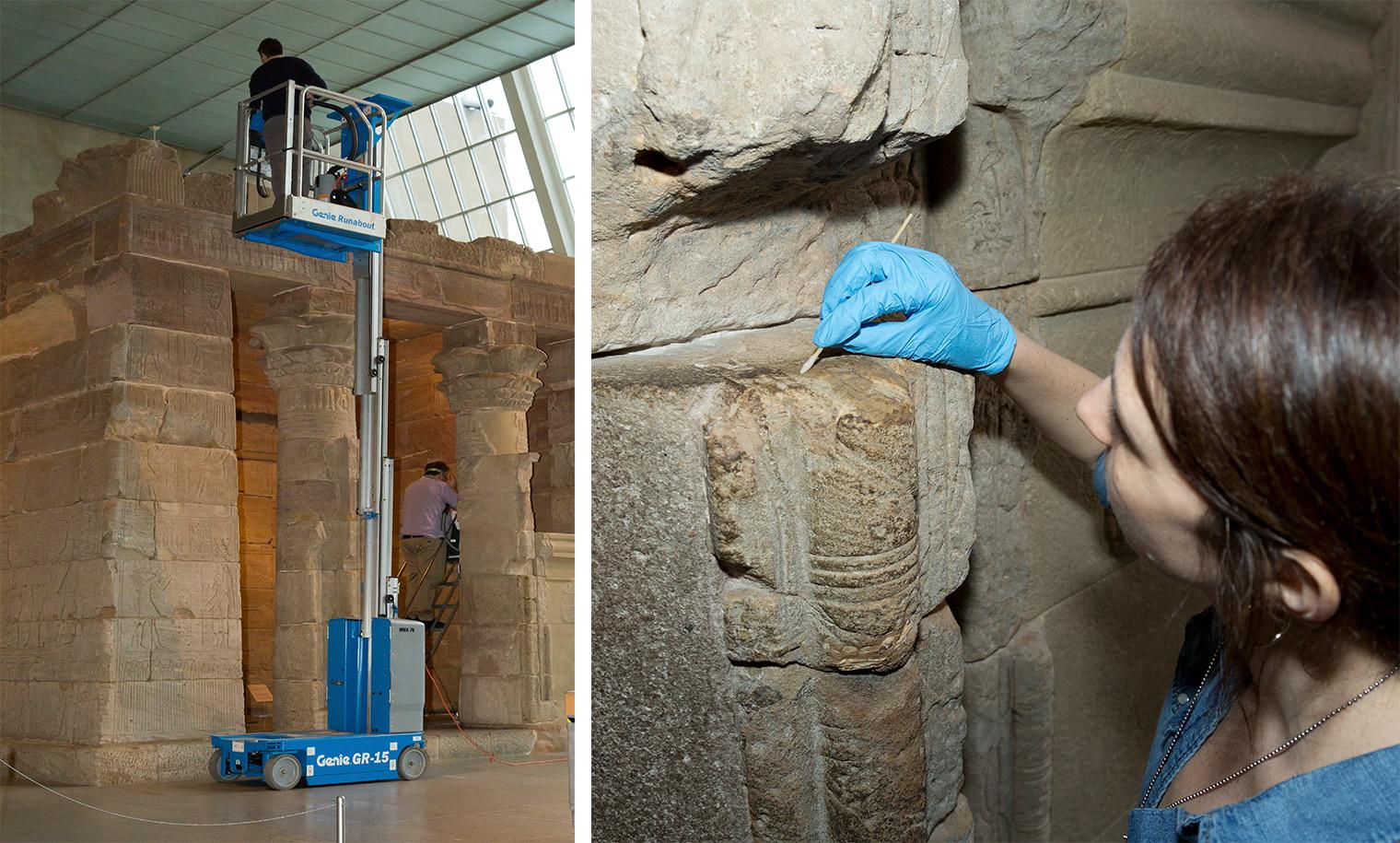 Two photos side by side of the Temple of Dendur. On the left is a person elevated on a blue Genie lift; on the right is a person cleaning grime with a swab