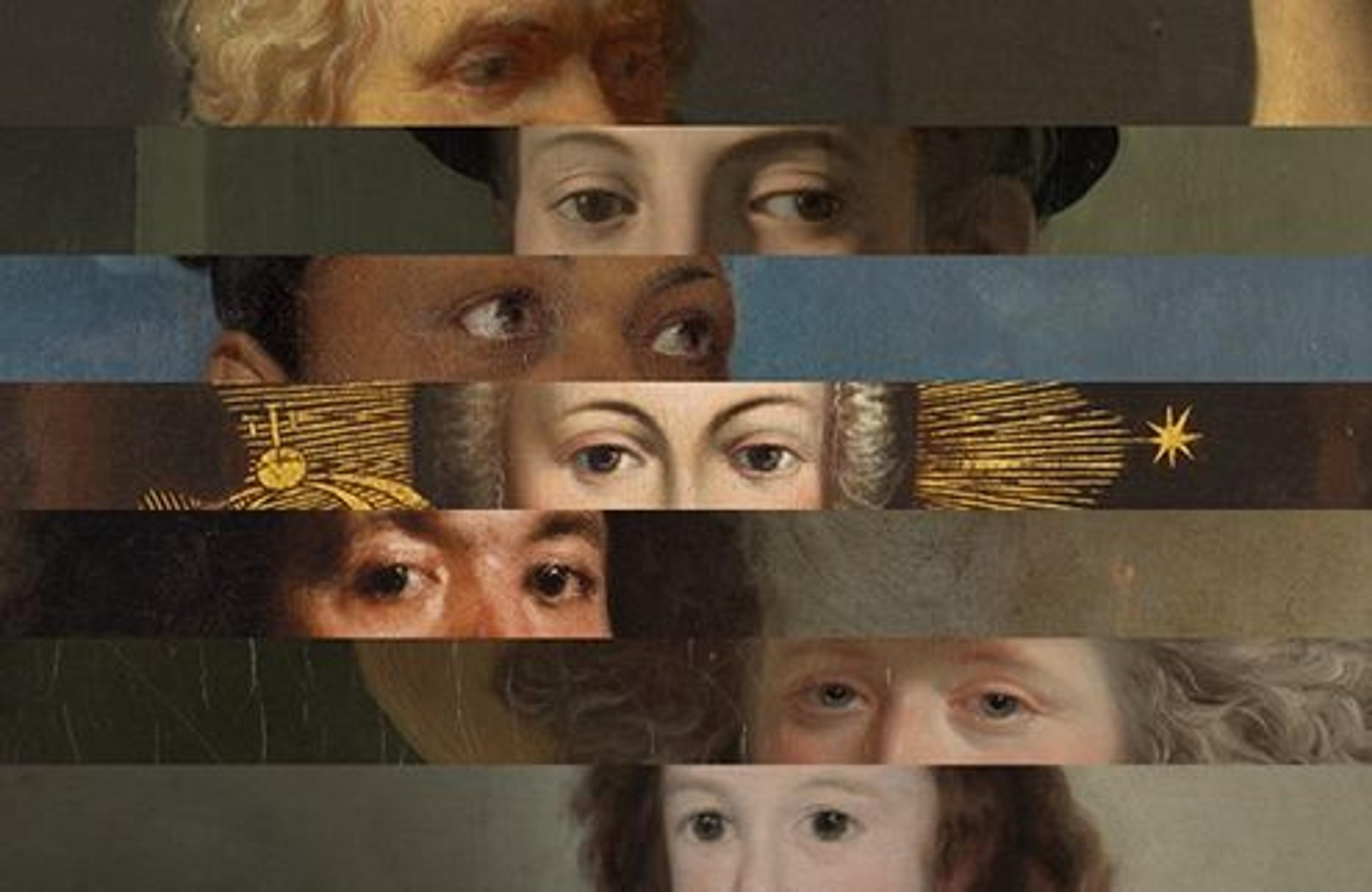 A collage of the eyes of seven paintings in even rows