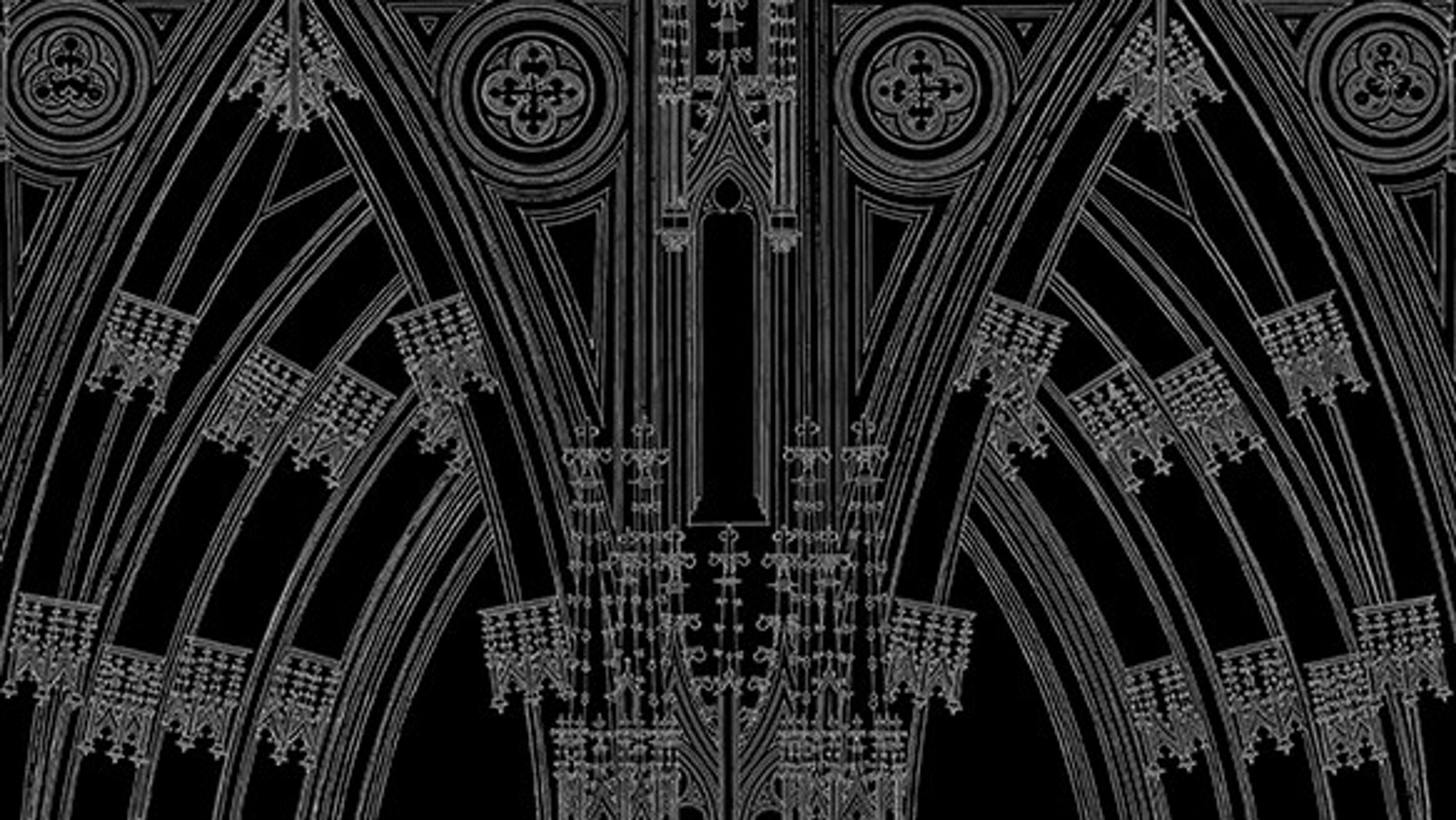 A drawing of two arches highly decorated with filigree