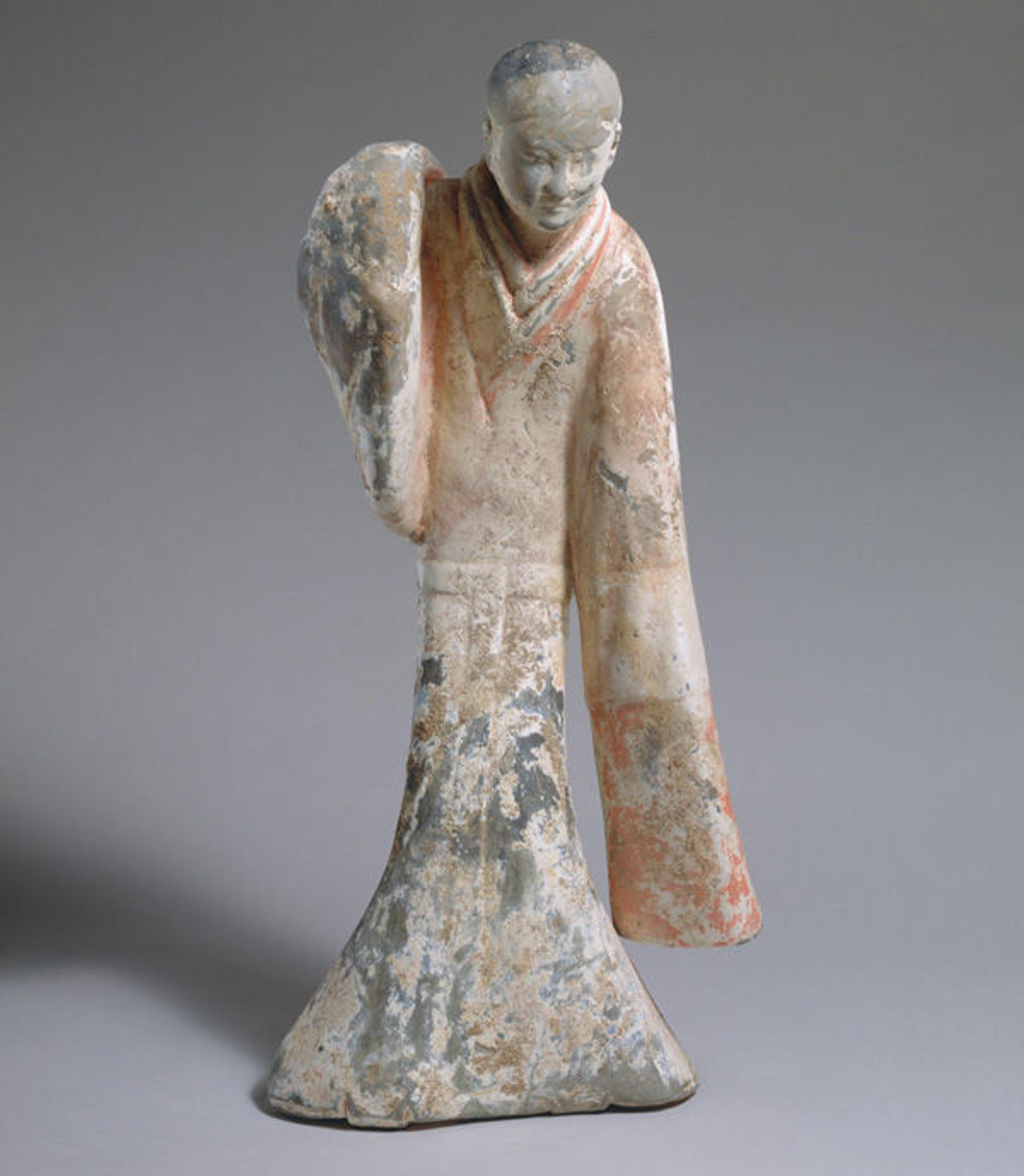 Female Dancer, 2nd century B.C. Western Han dynasty (206 B.C.–A.D. 9). China. Earthenware with pigment; h. 21 in. (53.3 cm); w. 9 3/4 in. (24.8 cm); d. 7 in. (17.8 cm). The Metropolitan Museum of Art, New York,  Charlotte C. and John C. Weber Collection, Gift of Charlotte C. and John C. Weber, 1992 (1992.165.19)