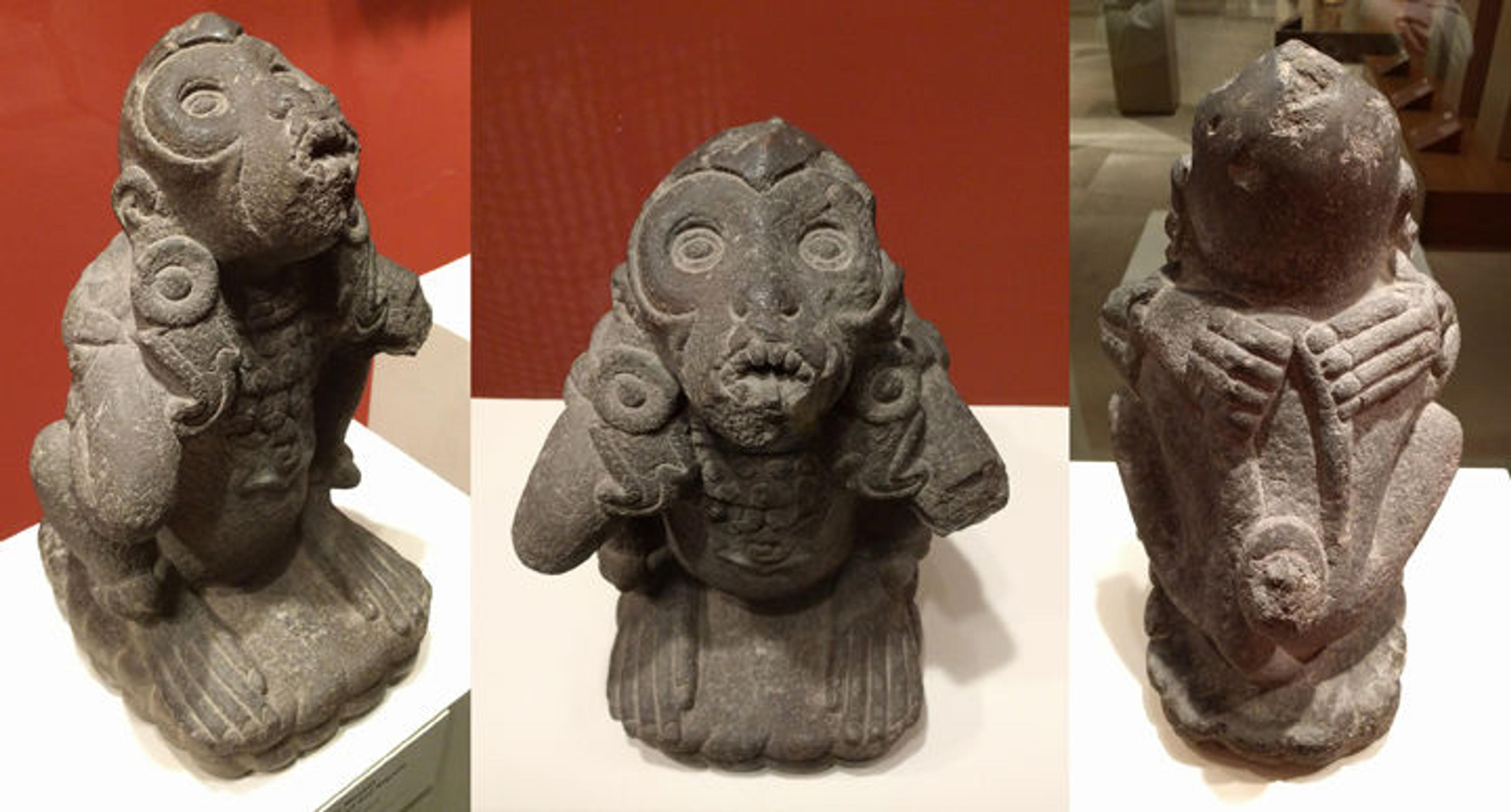 Three views of an Aztec spider monkey sculpture