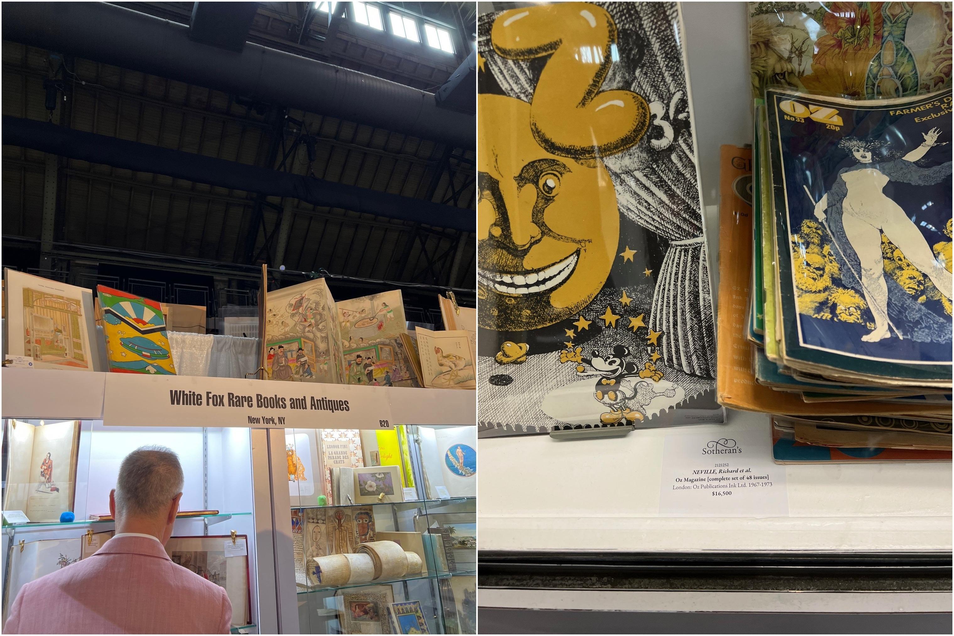 Side by side photos from the book fair - one of a man browsing, the other of some books