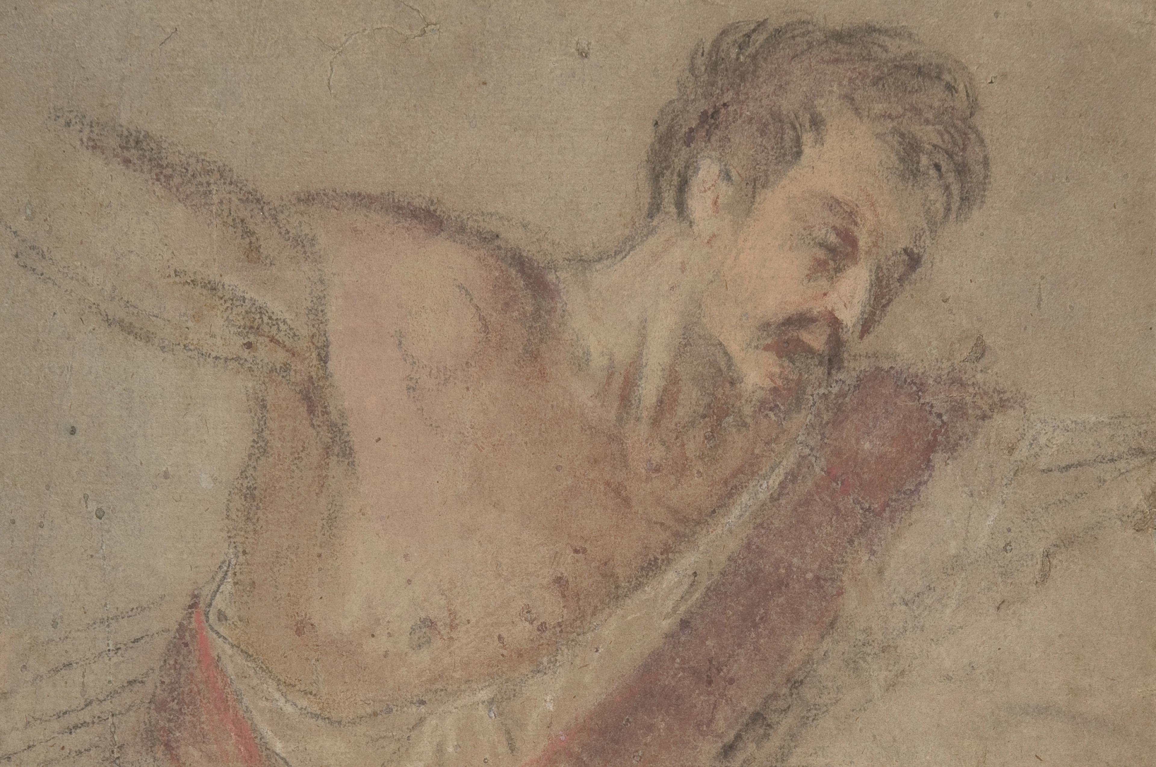 A faint pastel drawing of a bearded man in the outfit of a roman soldier with his arms upstretched on dark brown paper.