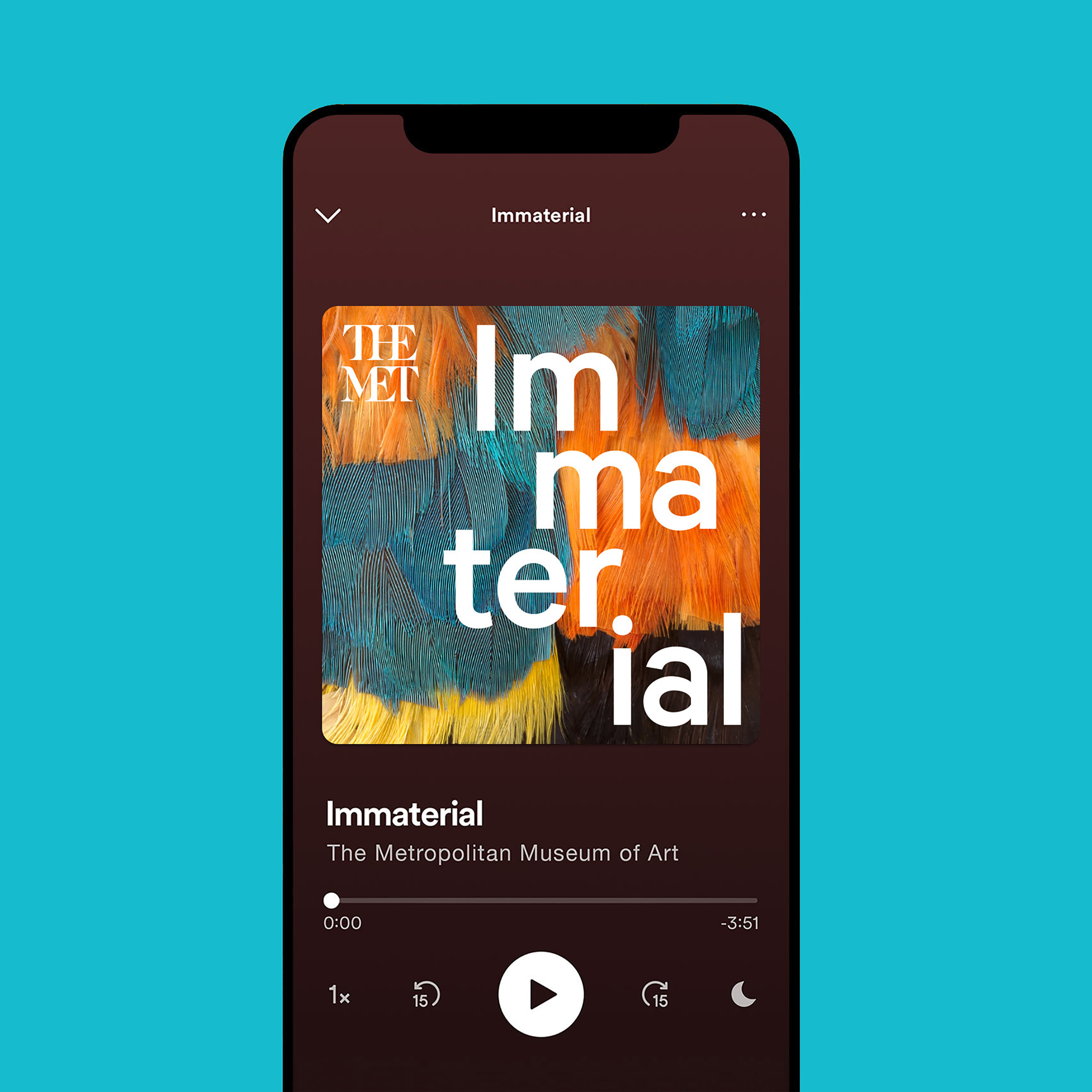 An iPhone showing the Immaterial podcast art for Season 2 - white "Immaterial" logo text superimposed on a close-up of colorful feathers.