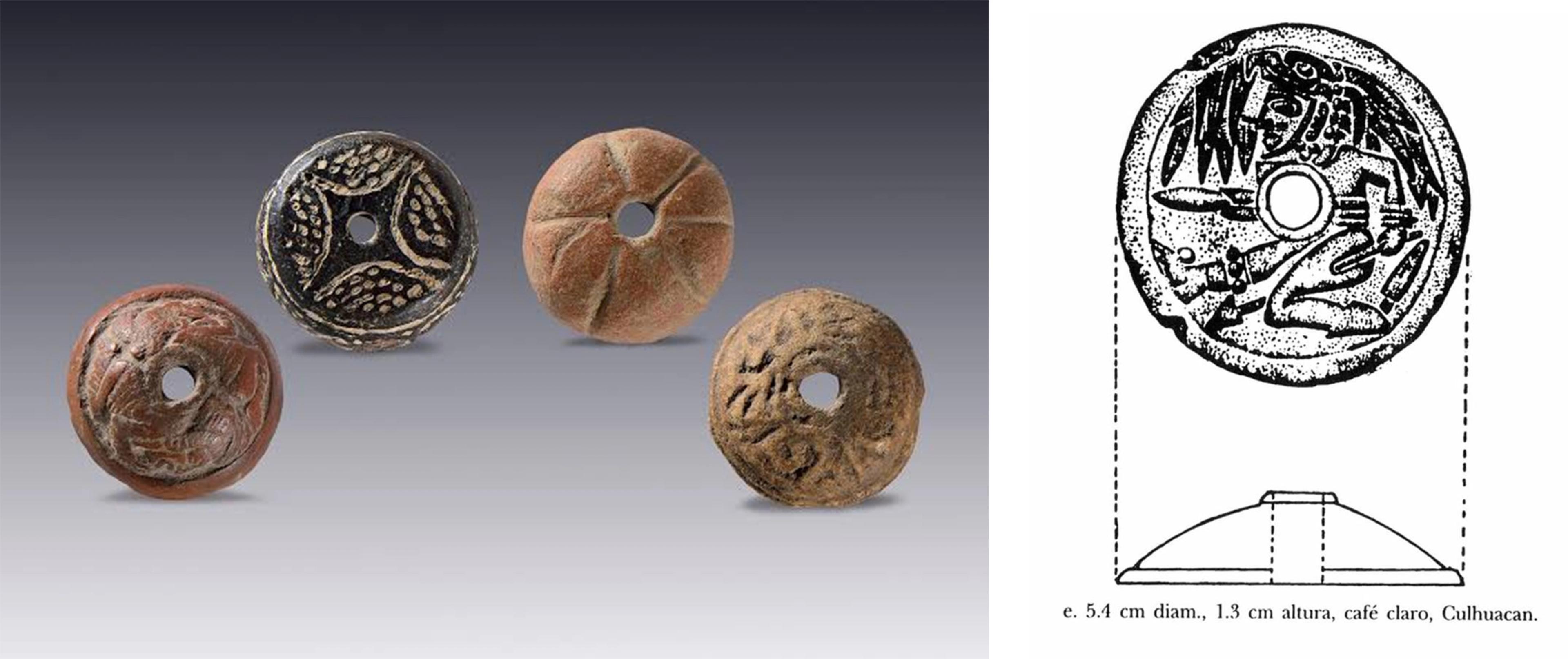 On the left, four clay spindles with different designs and coloring. On the right, a drawing of a spindle with an engraved warrior figure. A caption at the bottom reads "e. 5.4 cm diam., 1.3 cm altura, café claro, Culhuacan."