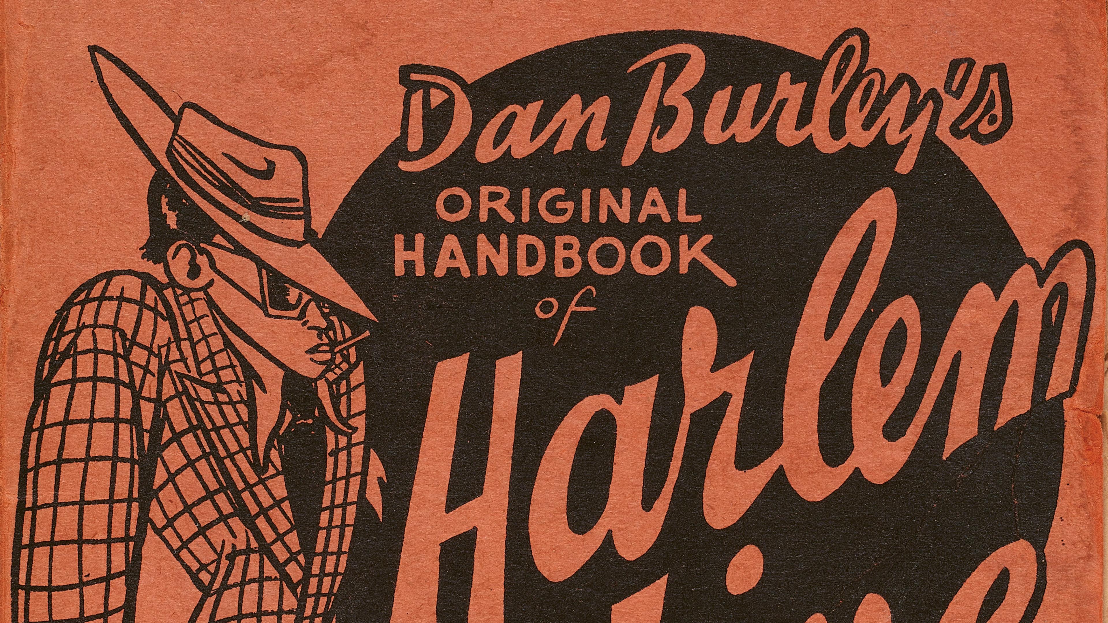 Cover of "Dan Burley's Original Handbook of Harlem Jive" shows a stylized person in a plaid suit and hat, set against bold, vintage typography.