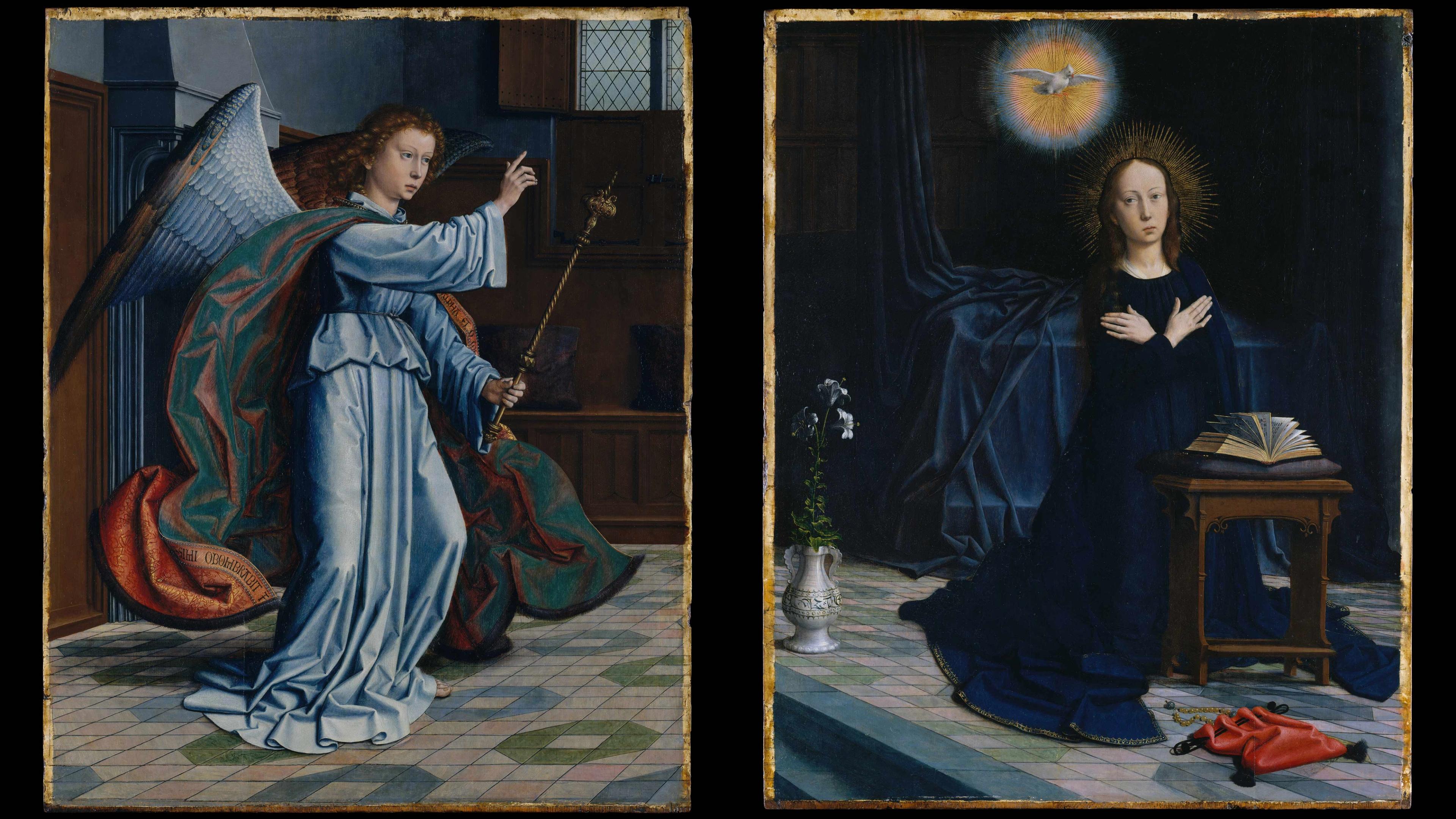 Two panel oil painting on wood of the angel Gabriel in flowing blue garments with wings gesturing to Mary who is seated with a book.