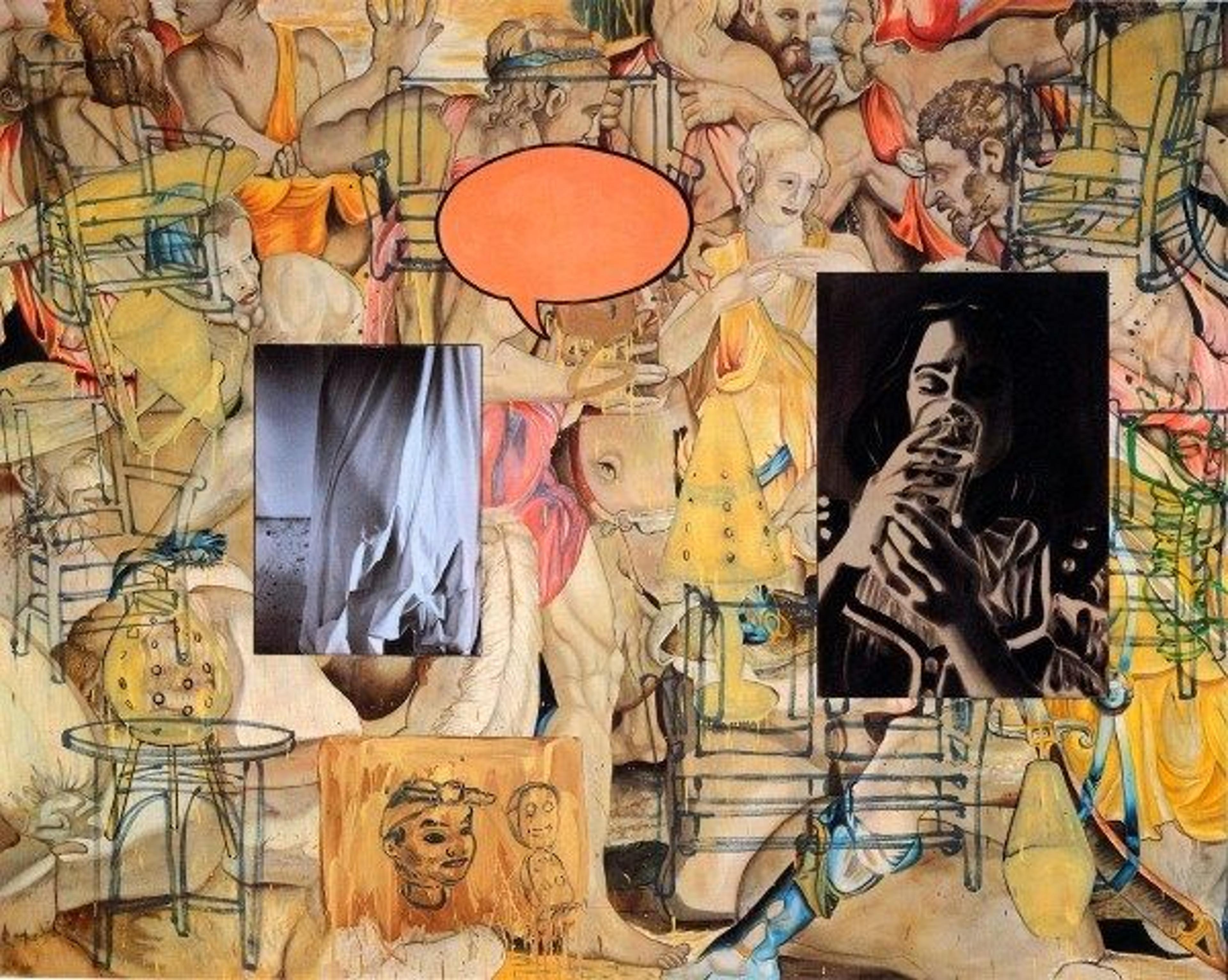 “Mingus in Mexico,” is a painting by David Salle full of juxtaposed visuals including outlined chairs, tables, lamps and African sculpture, overlaying a pictorial backdrop derived from 16th and 17th century tapestries. There is an orange speech-bubble empty of words near the center of the canvas, and there are two smaller monochrome canvases inset within the work.