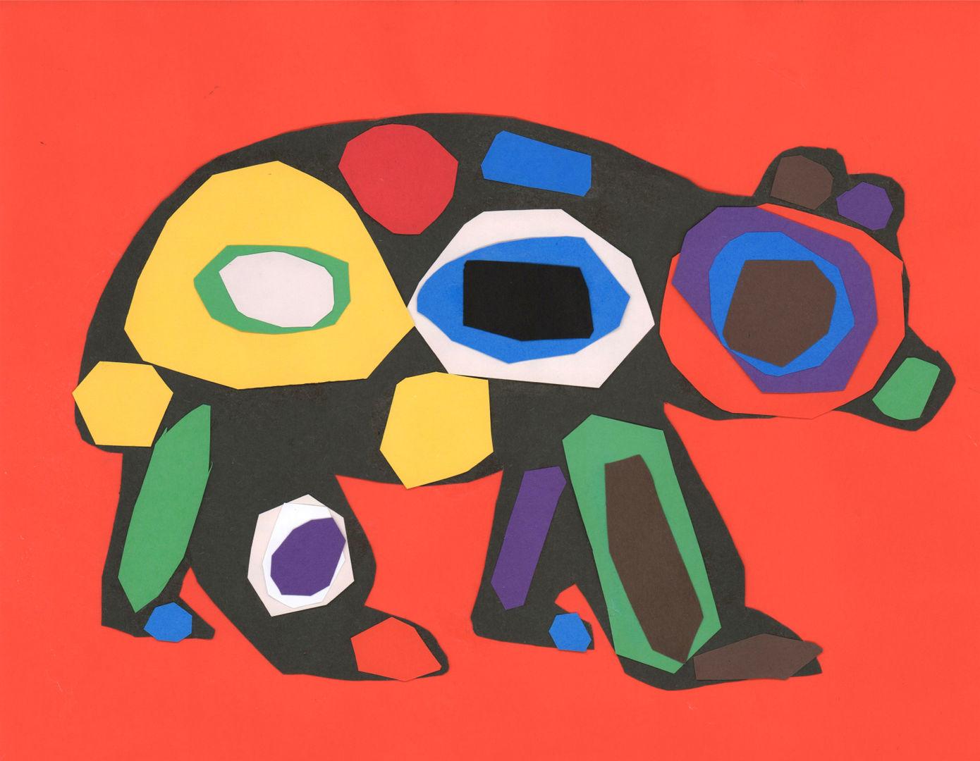 Silhouette of a bear decorated with patterns on an orange background.