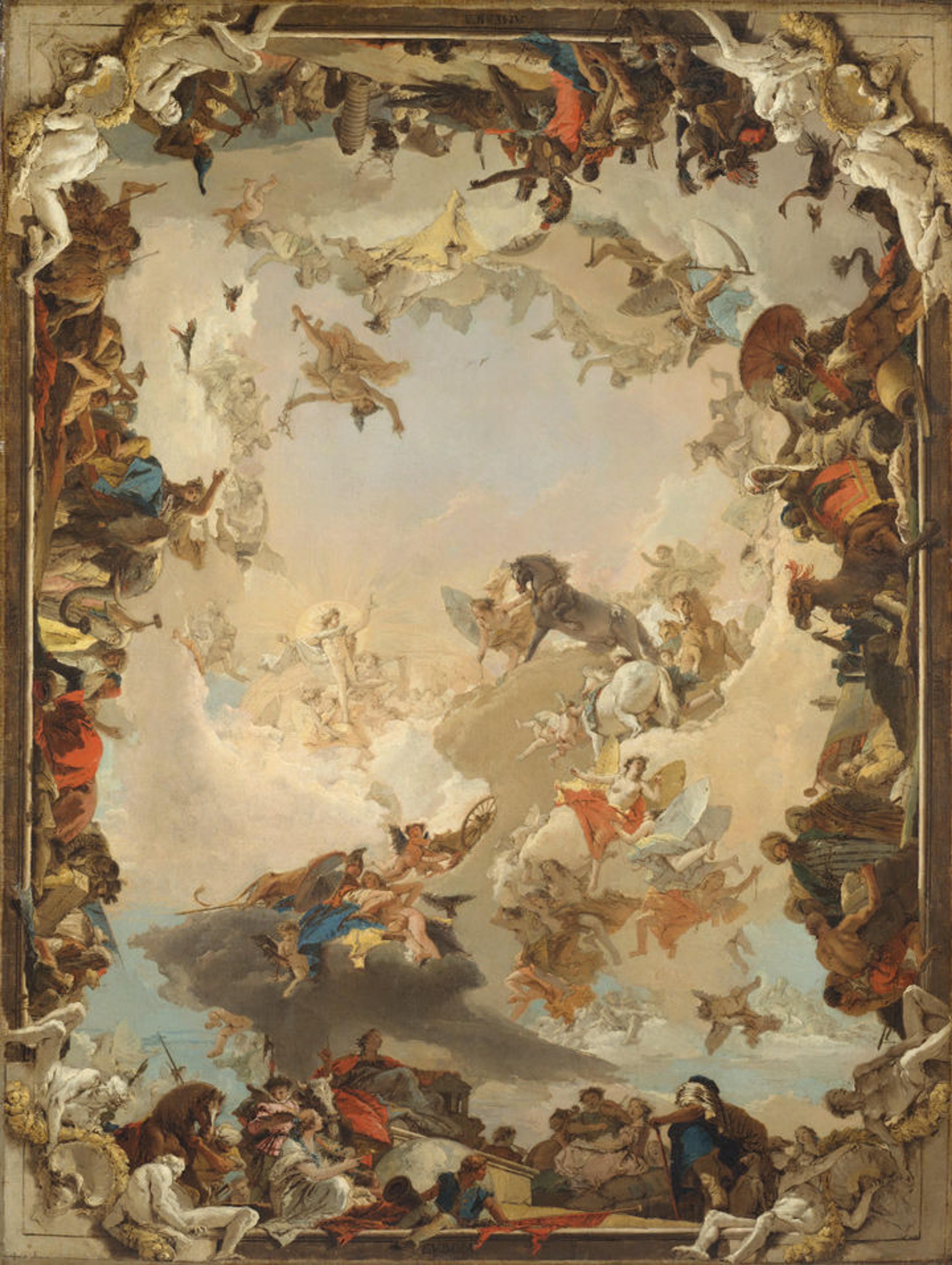 Oil on canvas painting of a war in the sky with angels in the center and boats full of men on the outside