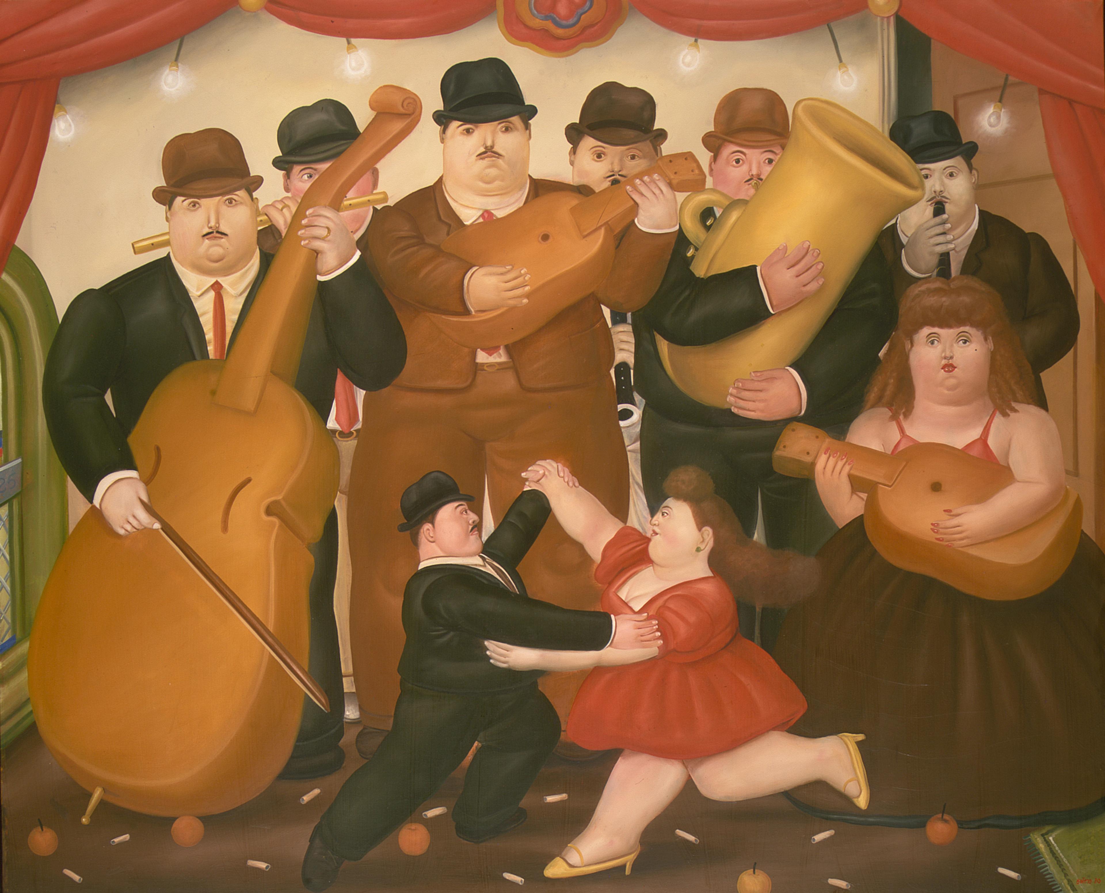 A colorful folk-art band performs onstage: musicians play double bass, trumpet, tuba, and flute while a couple dances beneath red curtains.