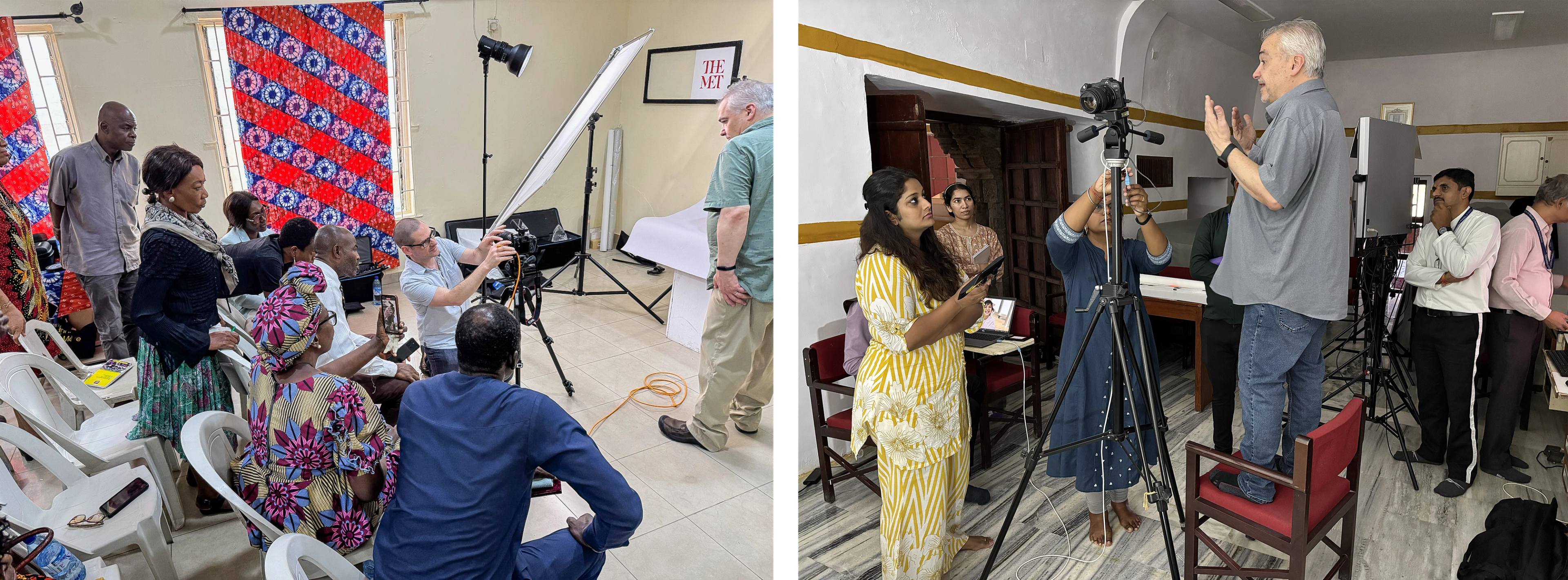 Diptych of individuals with photography equipment presenting to a group.