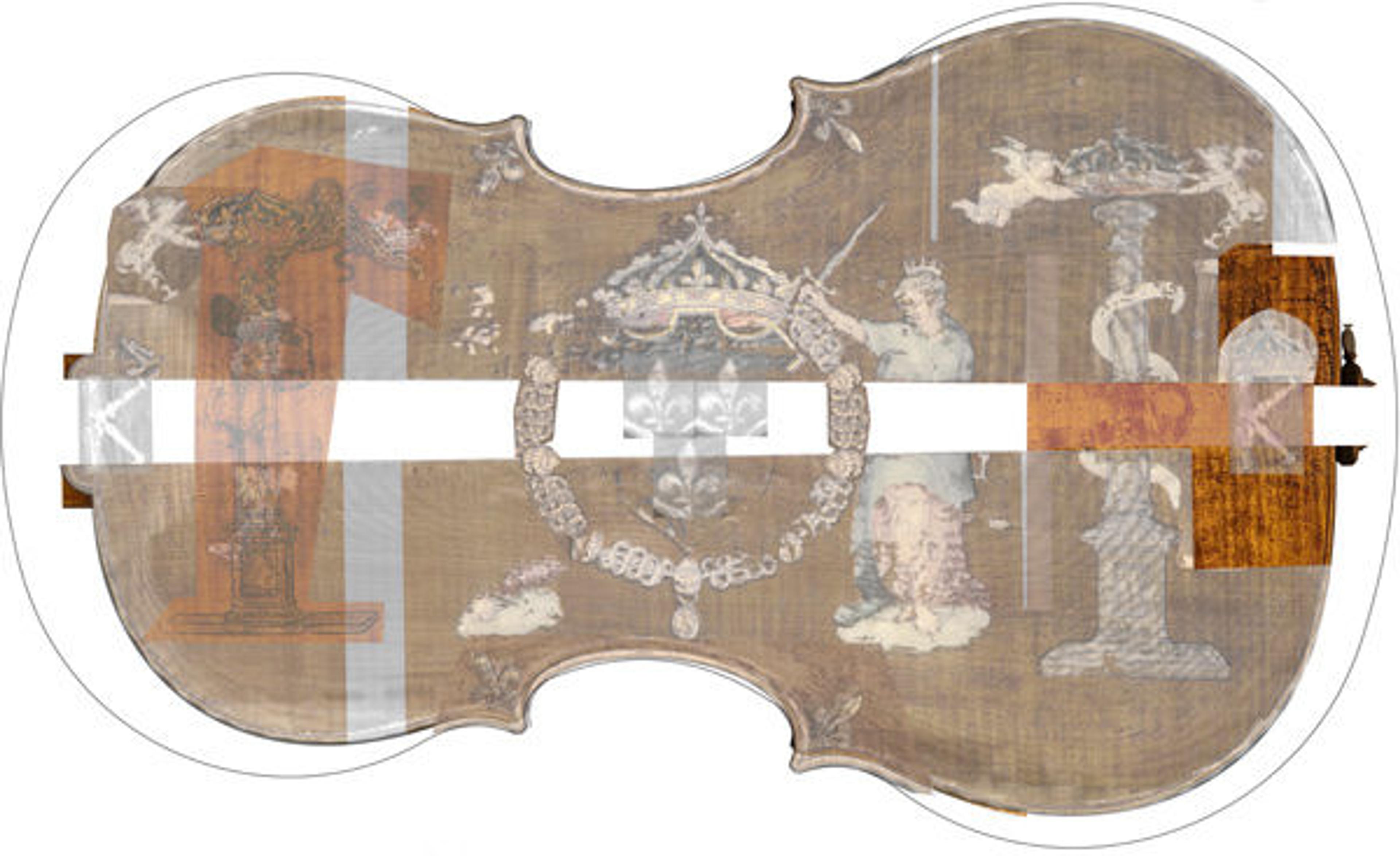 Digital reconstruction of the cello's back, showing original size and placement of various decorations. Image courtesy of the author