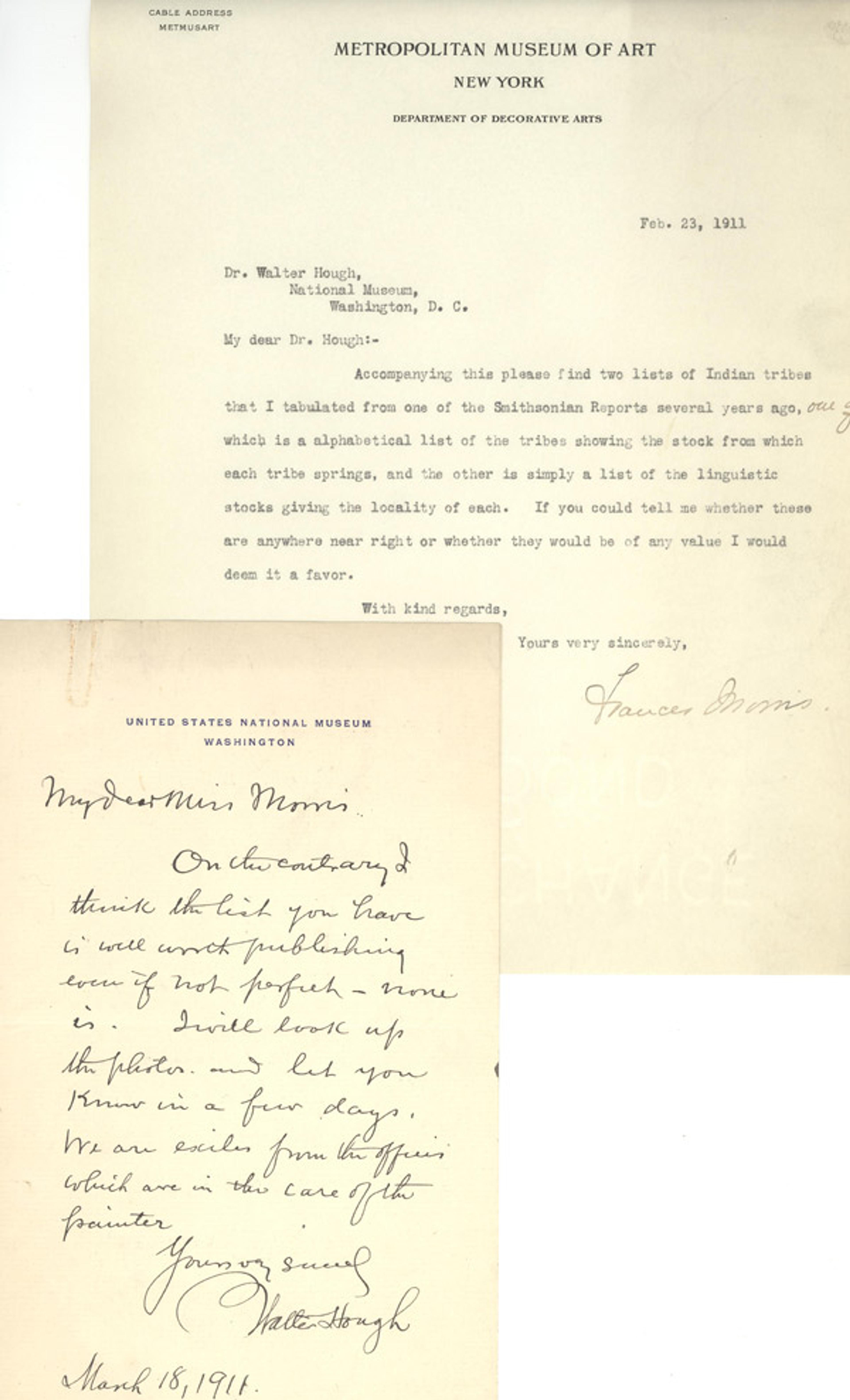 1911 correspondence between Morris and Walter Hough of the National Museum (now the Smithsonian), in which he encourages her to publish her lists of American Indian tribes, compiled while cataloguing the Metropolitan's Indian instruments