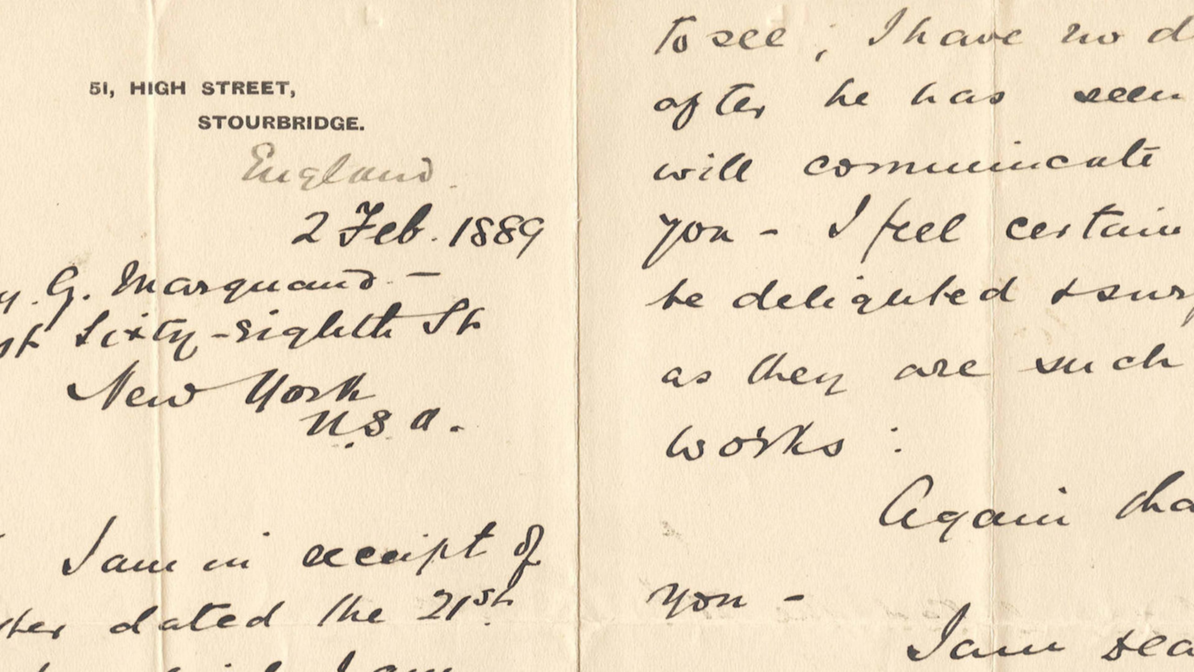 A handwritten letter dated February 2, 1889, written on stationery printed with the address “51, High Street, Stourbridge,” addressed to Henry G. Marquand in New York, with neat cursive script filling the page