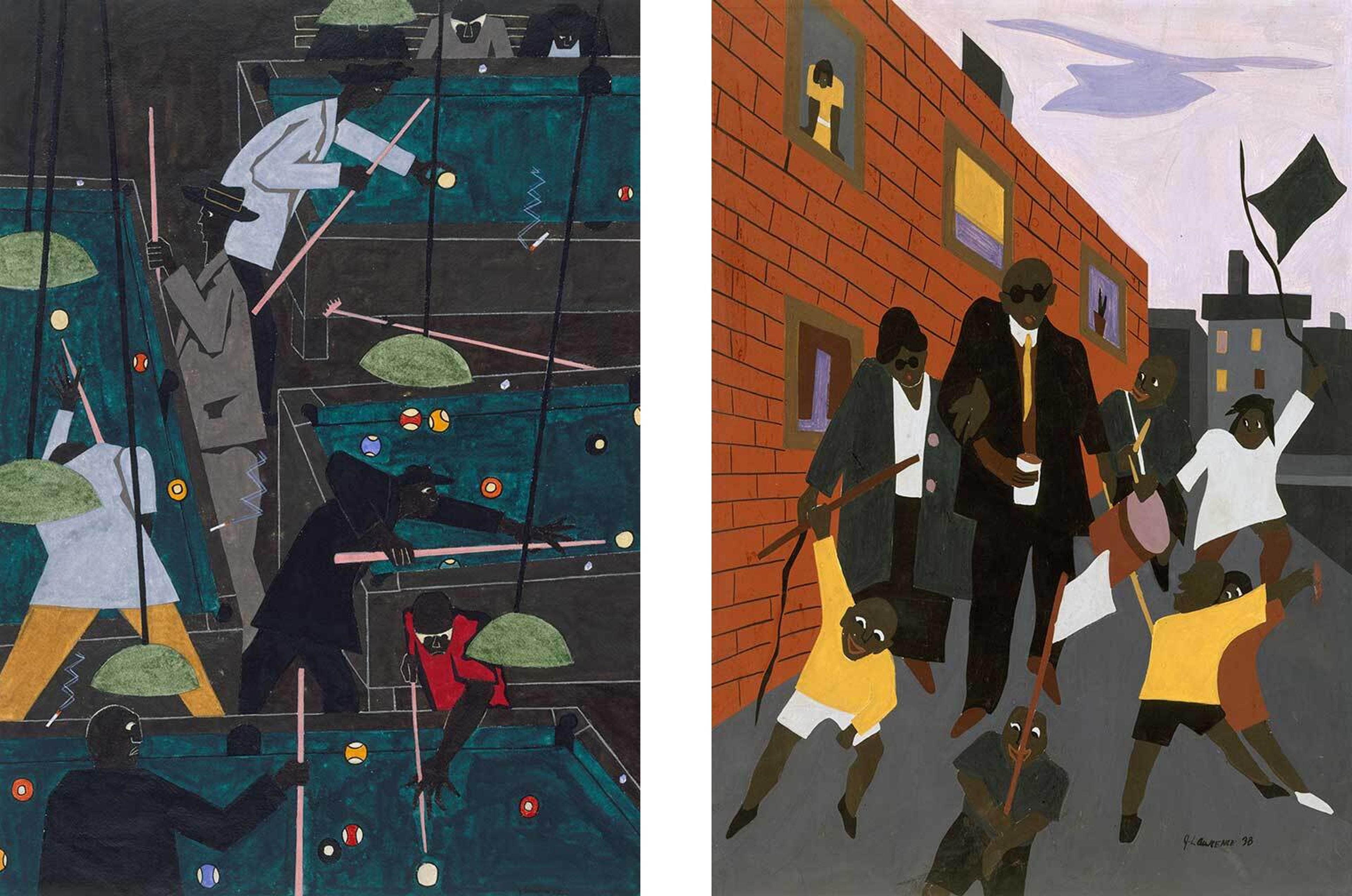 Left: A painting of an overhead view of a crowded pool hall. Right: A painting of several Black figures walking down a street holding canes