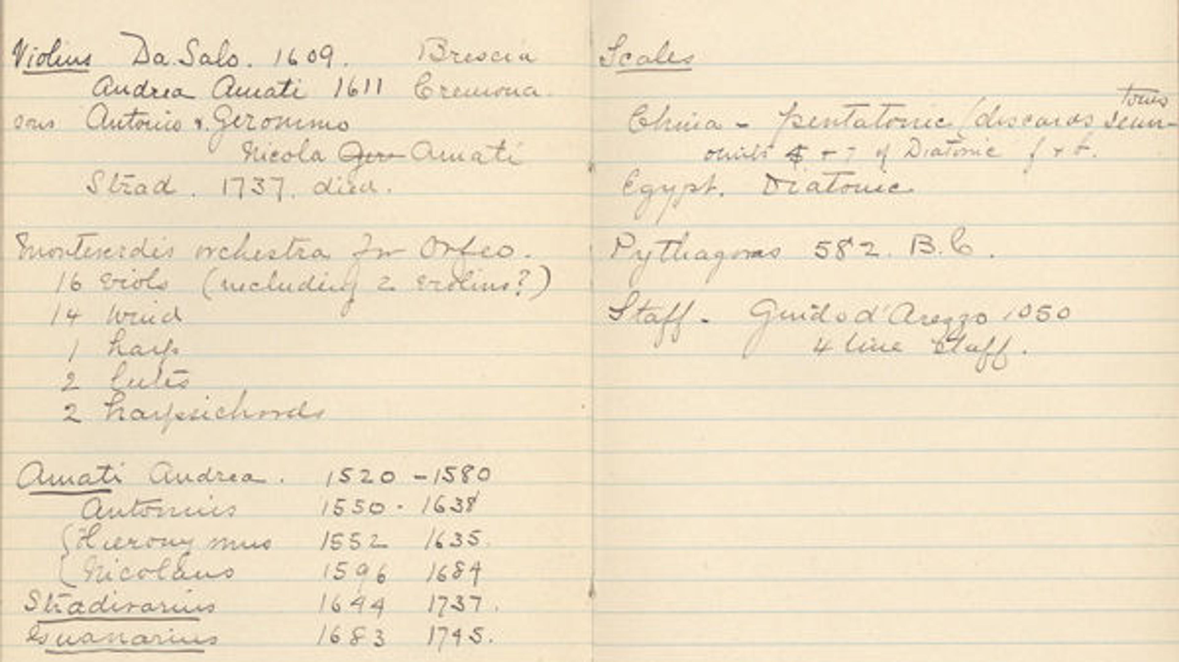 Frances Morris's notes on violins from her Music Lecture Notes notebook.