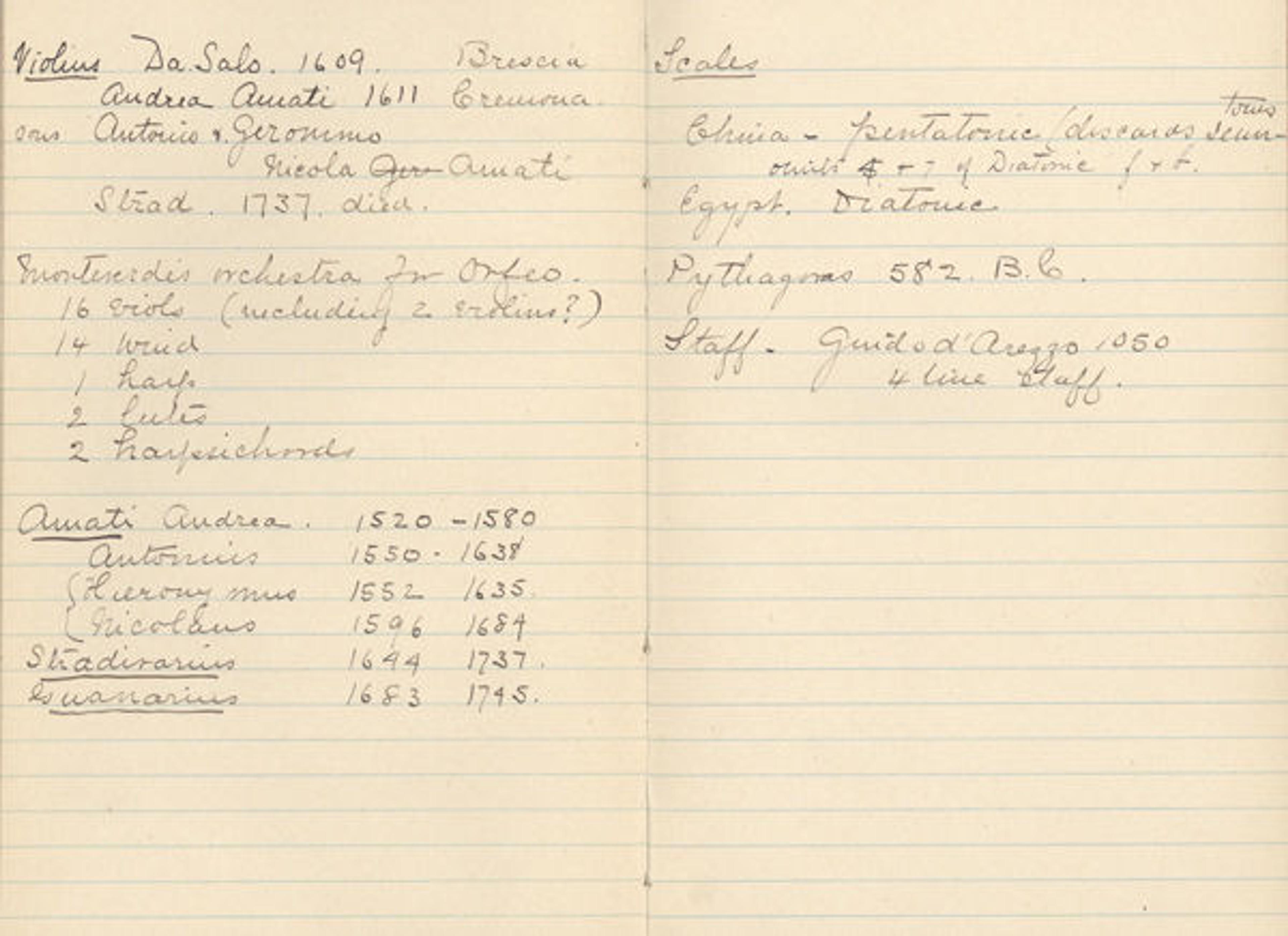 Frances Morris's notes on violins from her Music Lecture Notes notebook