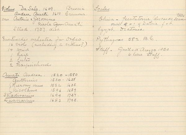 Frances Morris's notes on violins from her Music Lecture Notes notebook