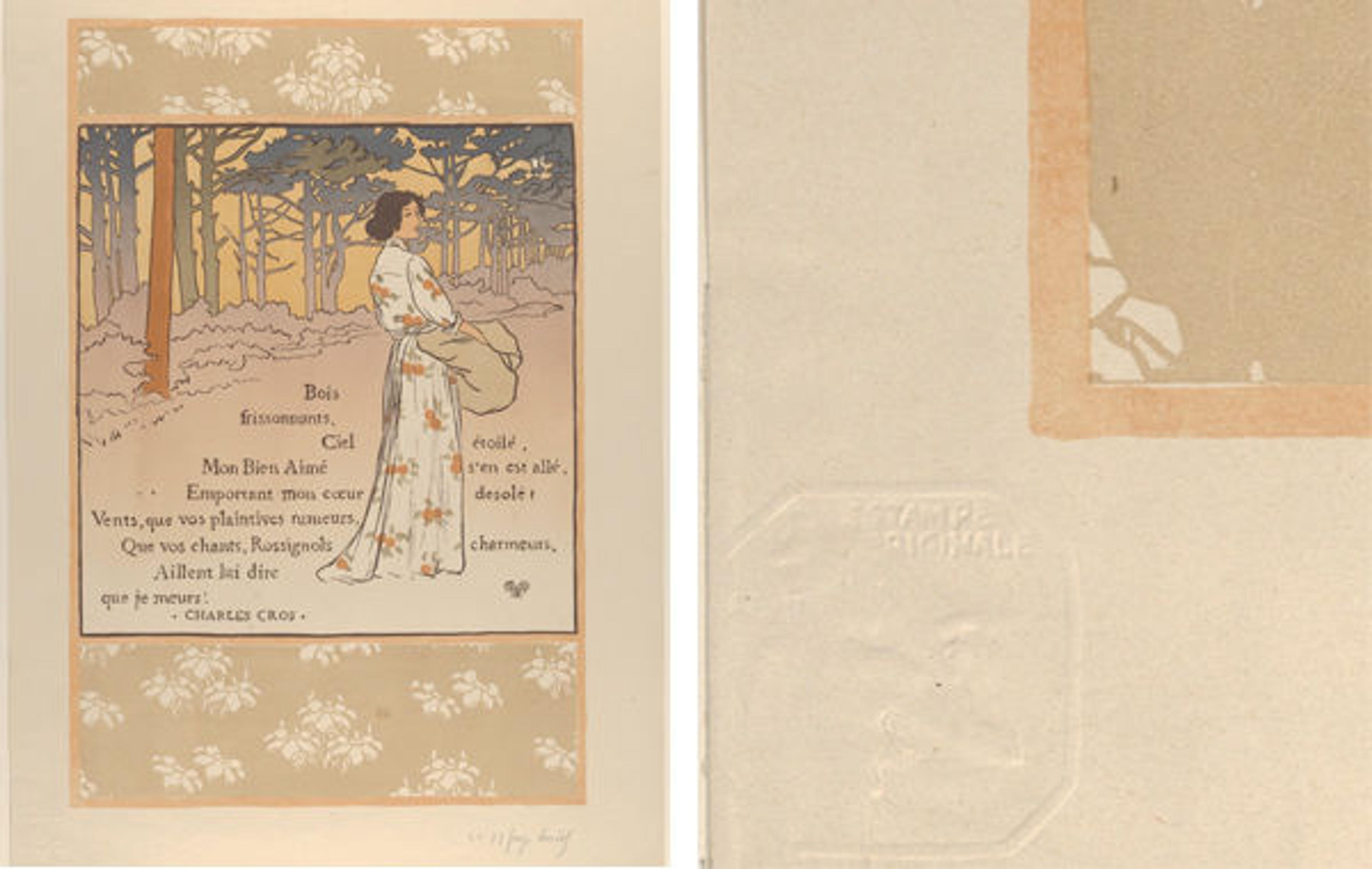 Left: the full print. Right: the blind stamp of L'Estampe Originale.  Trembling Woods (from L'Estampe originale, Album II), 1893. Georges Auriol (French, 1836–1938). Publisher André Marty (French, born 1857). Color lithograph; Image: 19 1/2 × 12 3/4 in. (49.5 × 32.4 cm). Sheet: 22 13/16 × 16 1/8 in. (58 × 41 cm). The Metropolitan Museum of Art, New York, Rogers Fund, 1922 (22.82.1-11) 