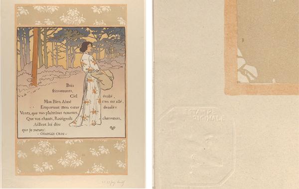 Left: the full print. Right: the blind stamp of L'Estampe Originale. Trembling Woods (from L'Estampe originale, Album II), 1893. Georges Auriol (French, 1836–1938). Publisher André Marty (French, born 1857). Color lithograph; Image: 19 1/2 × 12 3/4 in. (49.5 × 32.4 cm). Sheet: 22 13/16 × 16 1/8 in. (58 × 41 cm). The Metropolitan Museum of Art, New York, Rogers Fund, 1922 (22.82.1-11)
