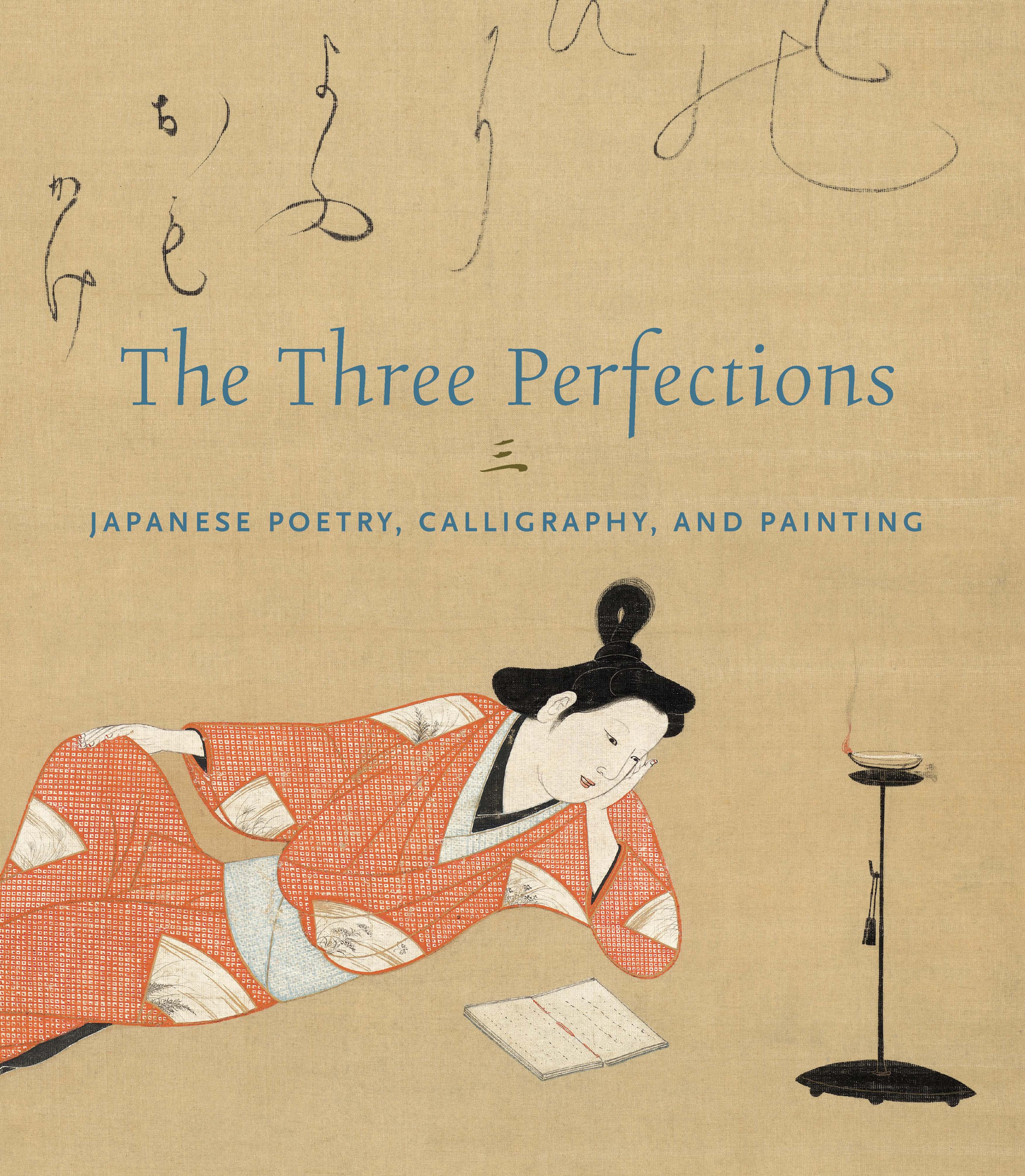 woman laying down on floor in an orange kimono reading while an incense burns nearby