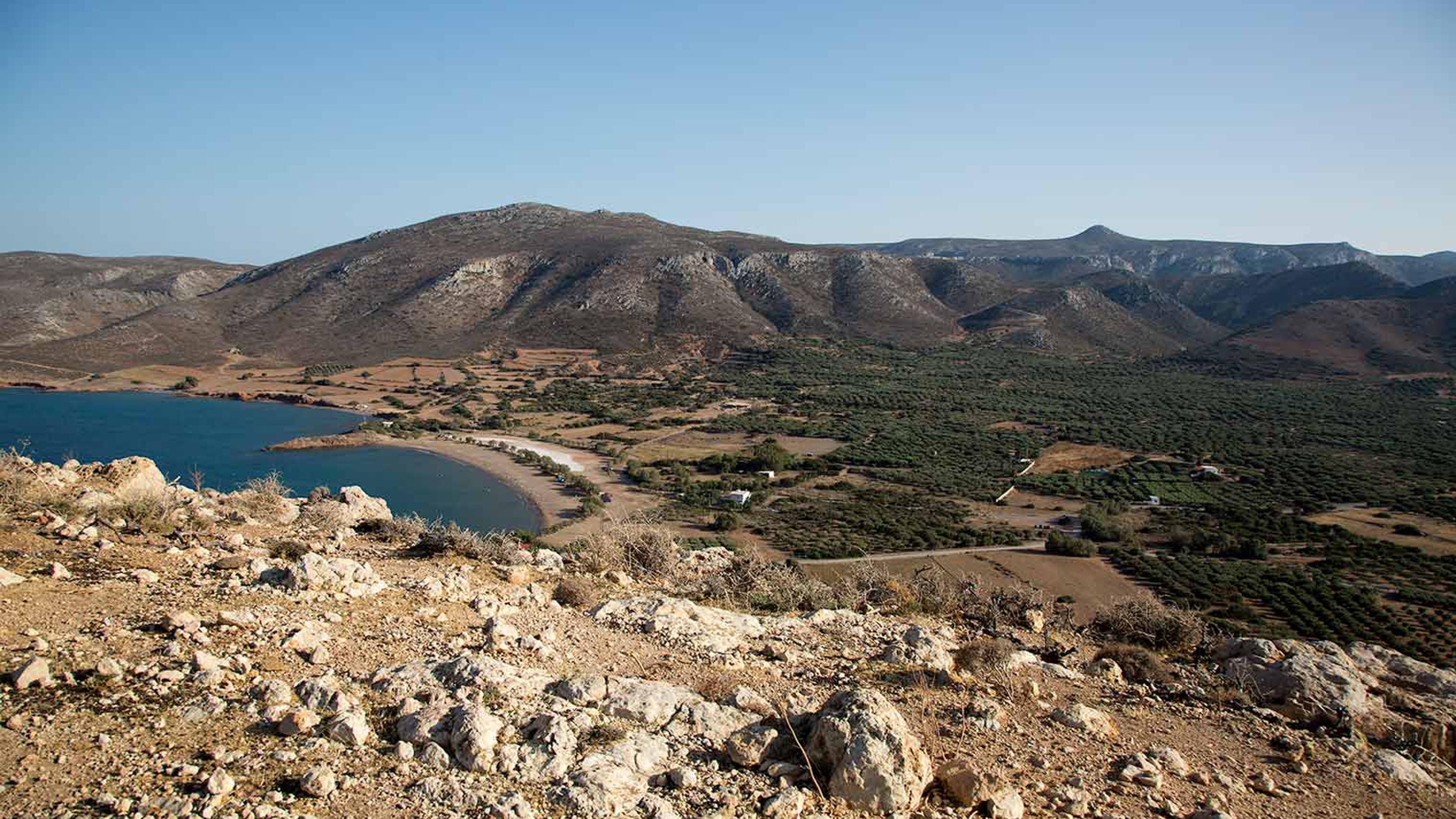 A scenic coastal landscape view from a rocky hillside, overlooking a curved bay and farmland with rugged mountains in the background under a clear blue sky.