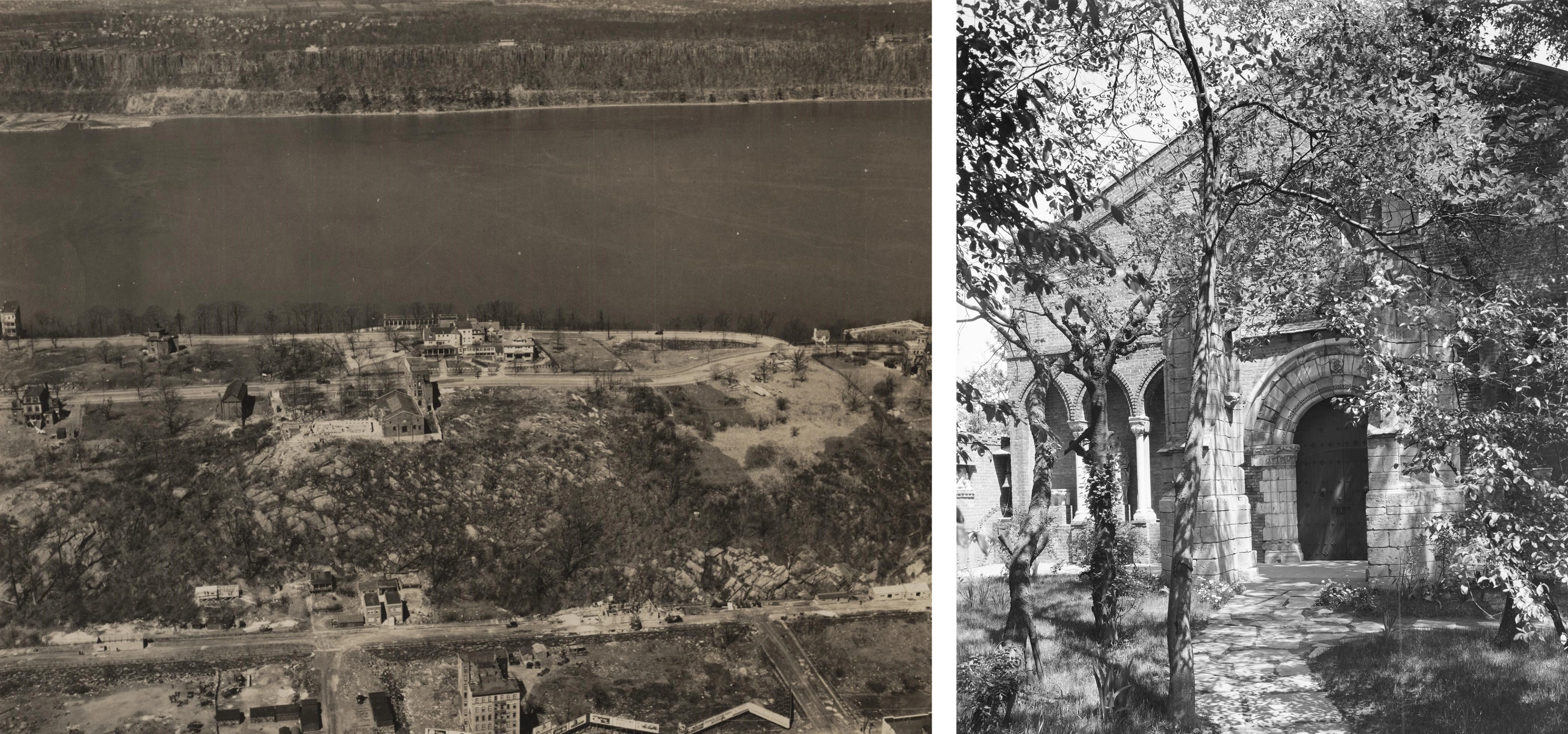 Aerial view of a riverside landscape with buildings and trees, paired with a ground-level photo of a stone building partially obscured by foliage.