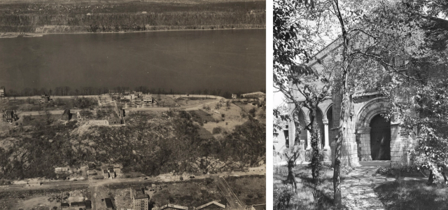 Aerial view of a riverside landscape with buildings and trees, paired with a ground-level photo of a stone building partially obscured by foliage.