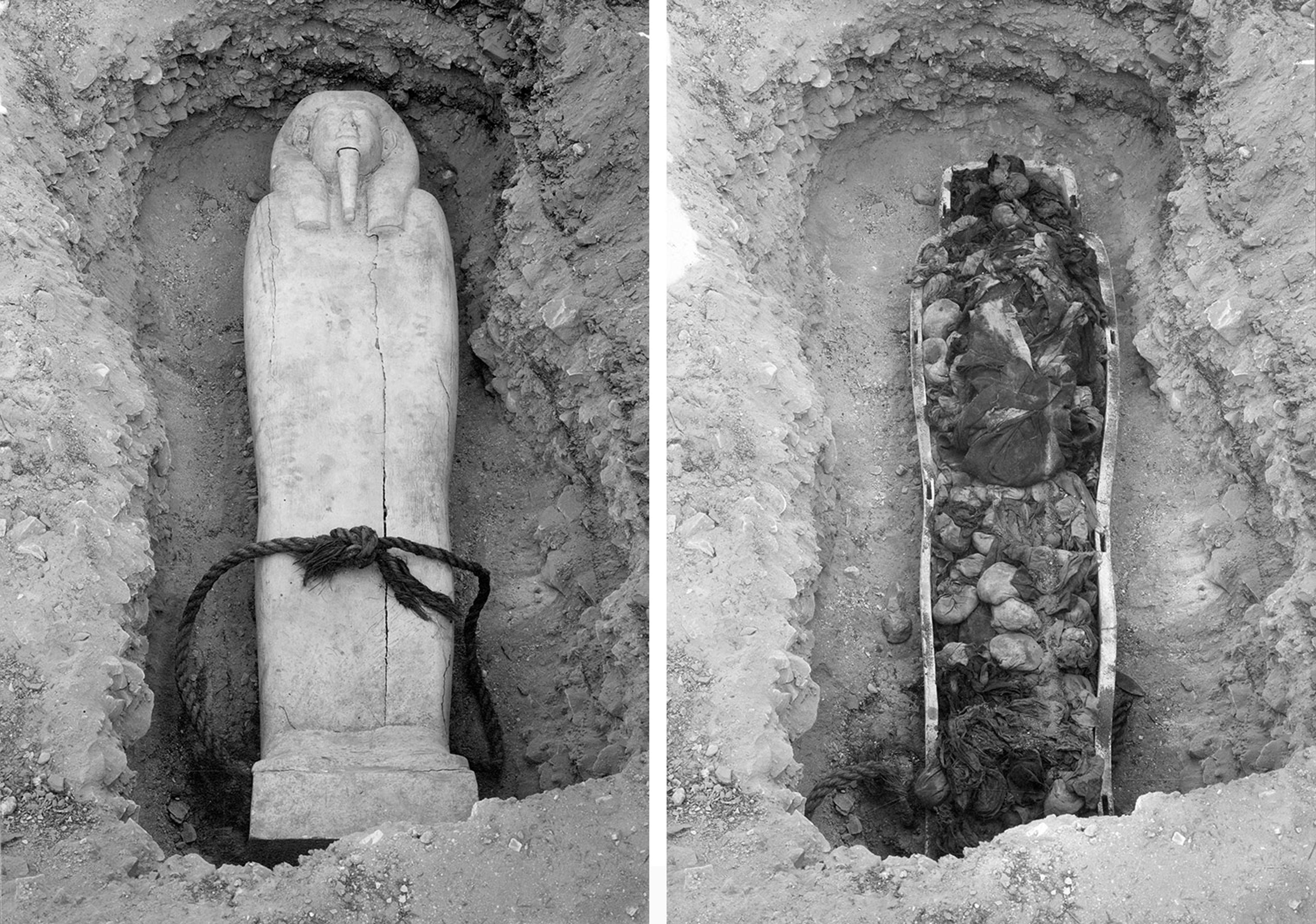 Two black and white images: on the left, an anthropoid coffin lying in a pit; on the right, the coffin with the lid off, showing jars and bags inside