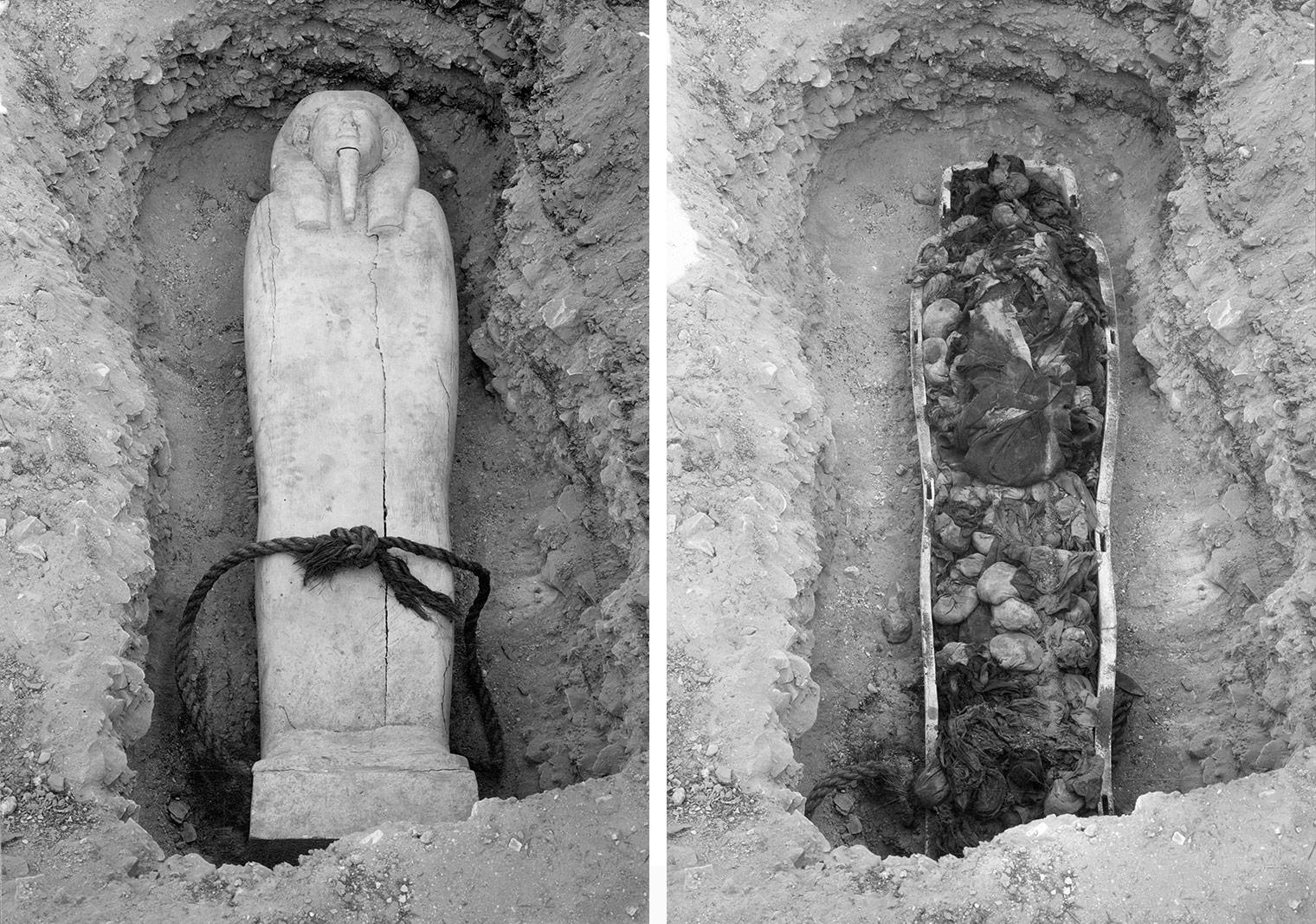 Two black and white images: on the left, an anthropoid coffin lying in a pit; on the right, the coffin with the lid off, showing jars and bags inside